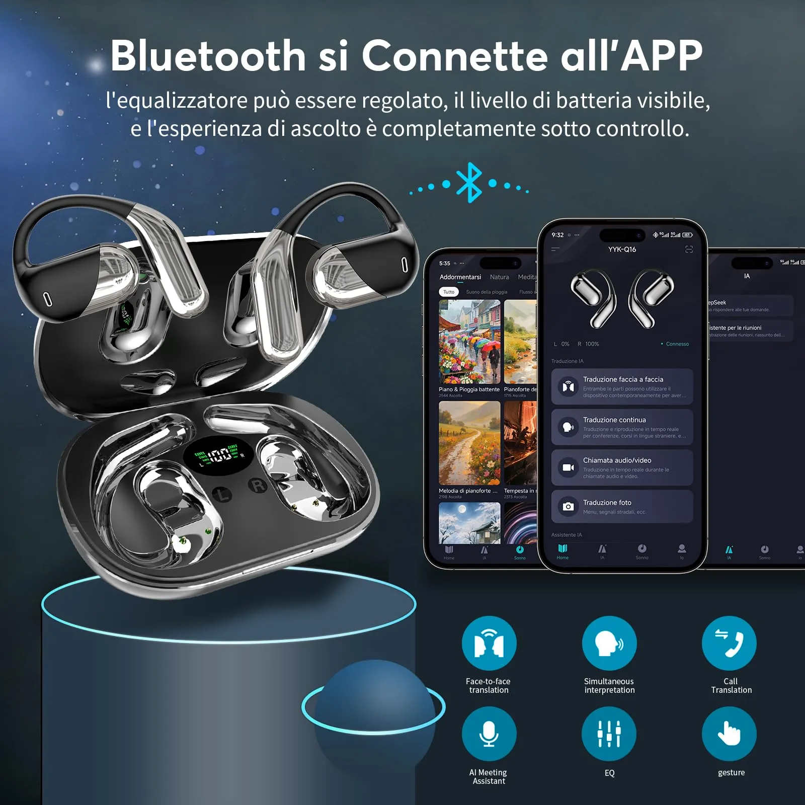 Paekole Q16Pro AI H3 Cuffie Traduzione Simultanea Bluetooth 6.1 Wireless Open-Ear - immagine 4
