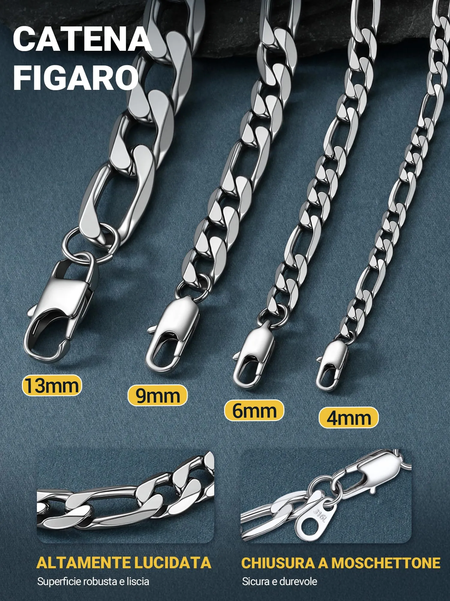 PROSTEEL Collana catena figaro argento acciaio inossidabile 60 cm 4 mm - immagine 3