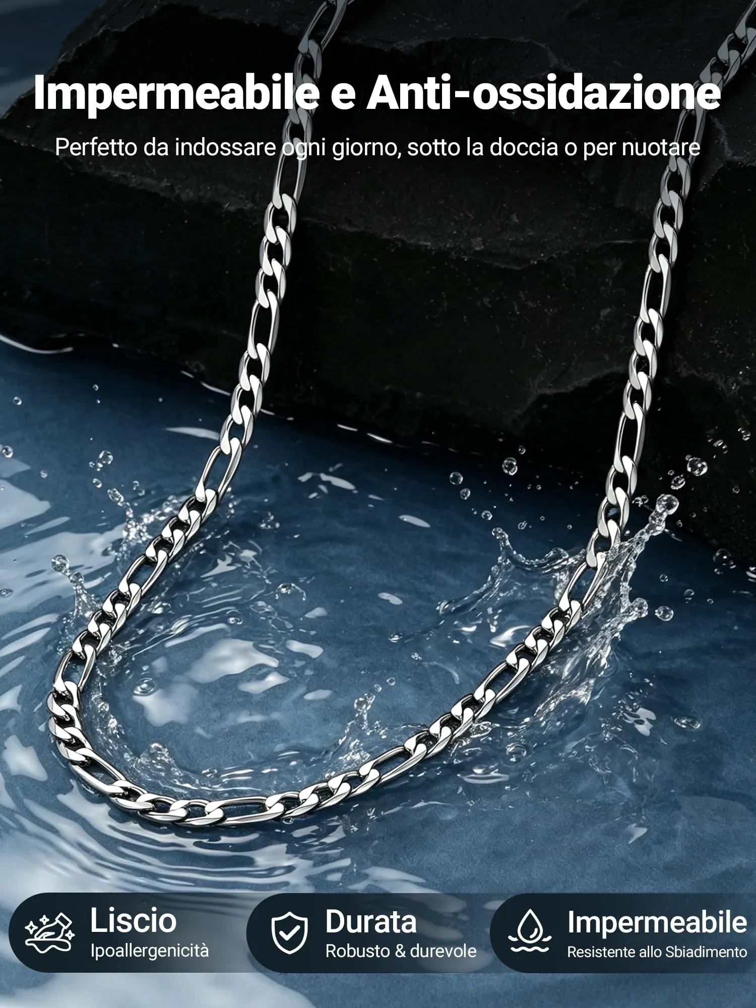 PROSTEEL Collana catena figaro argento acciaio inossidabile 60 cm 4 mm - immagine 6