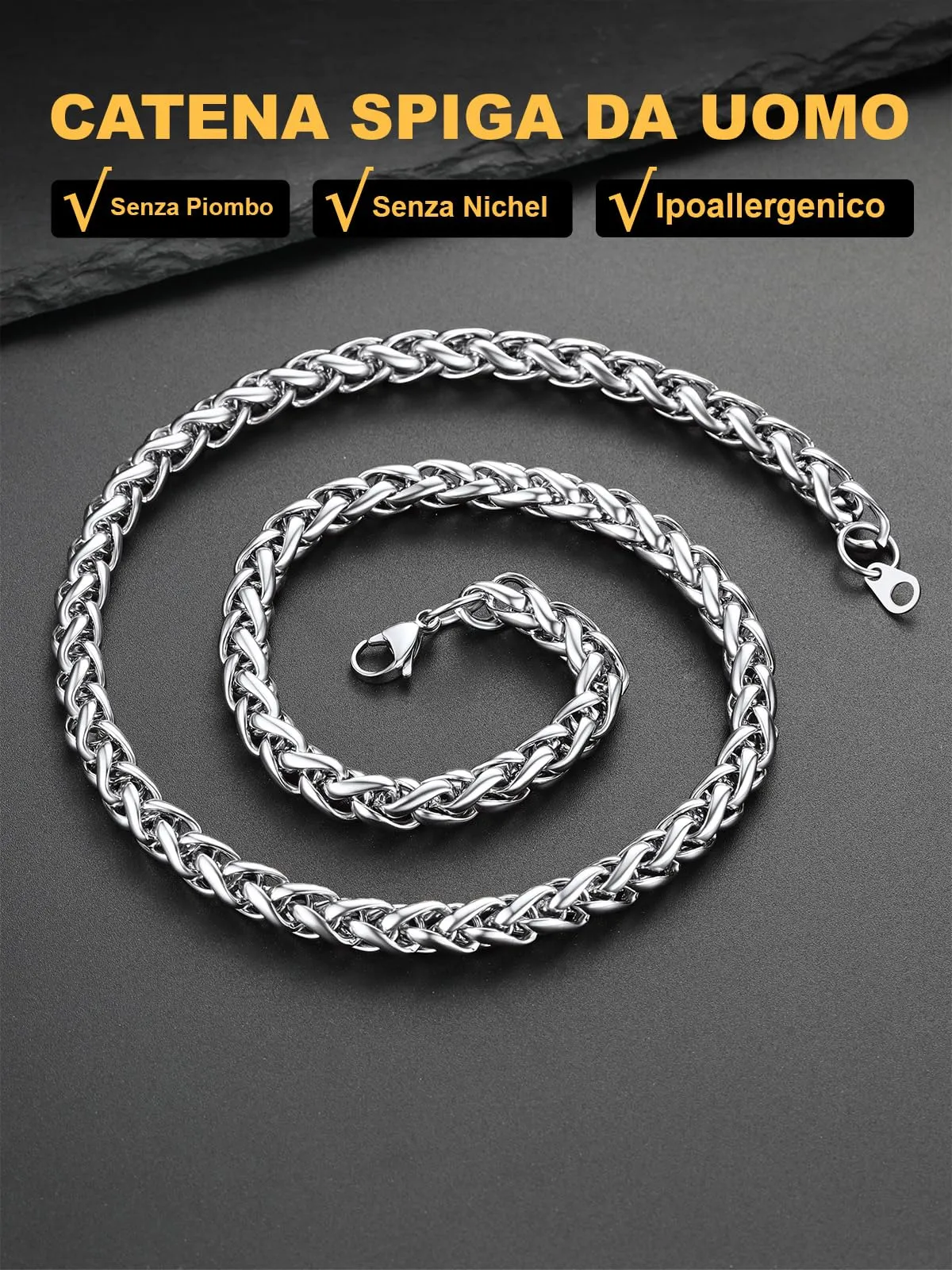 U7 Collana Uomo in Acciaio Inossidabile, Catena a Spiga 9mm, Lunghezza 66cm - immagine 3