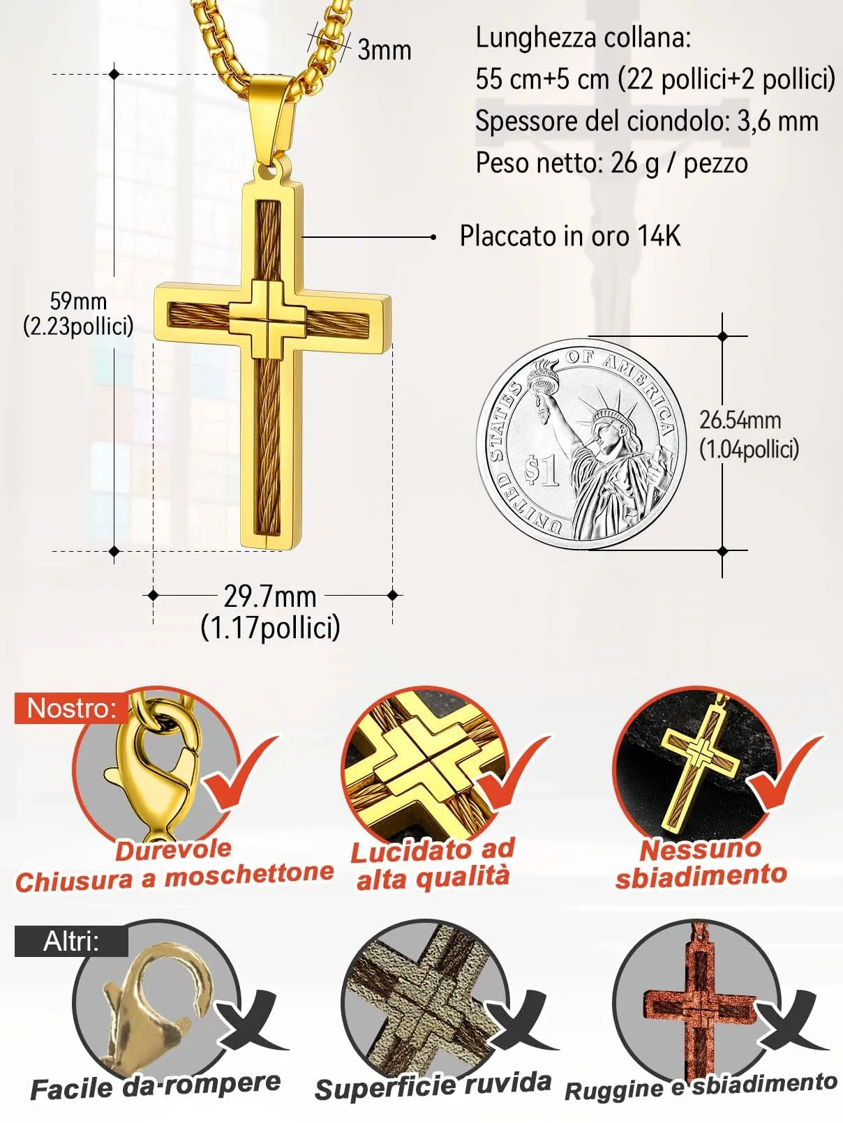 FaithHeart Collana Croce Latina Uomo in Acciaio Inox Oro - immagine 3
