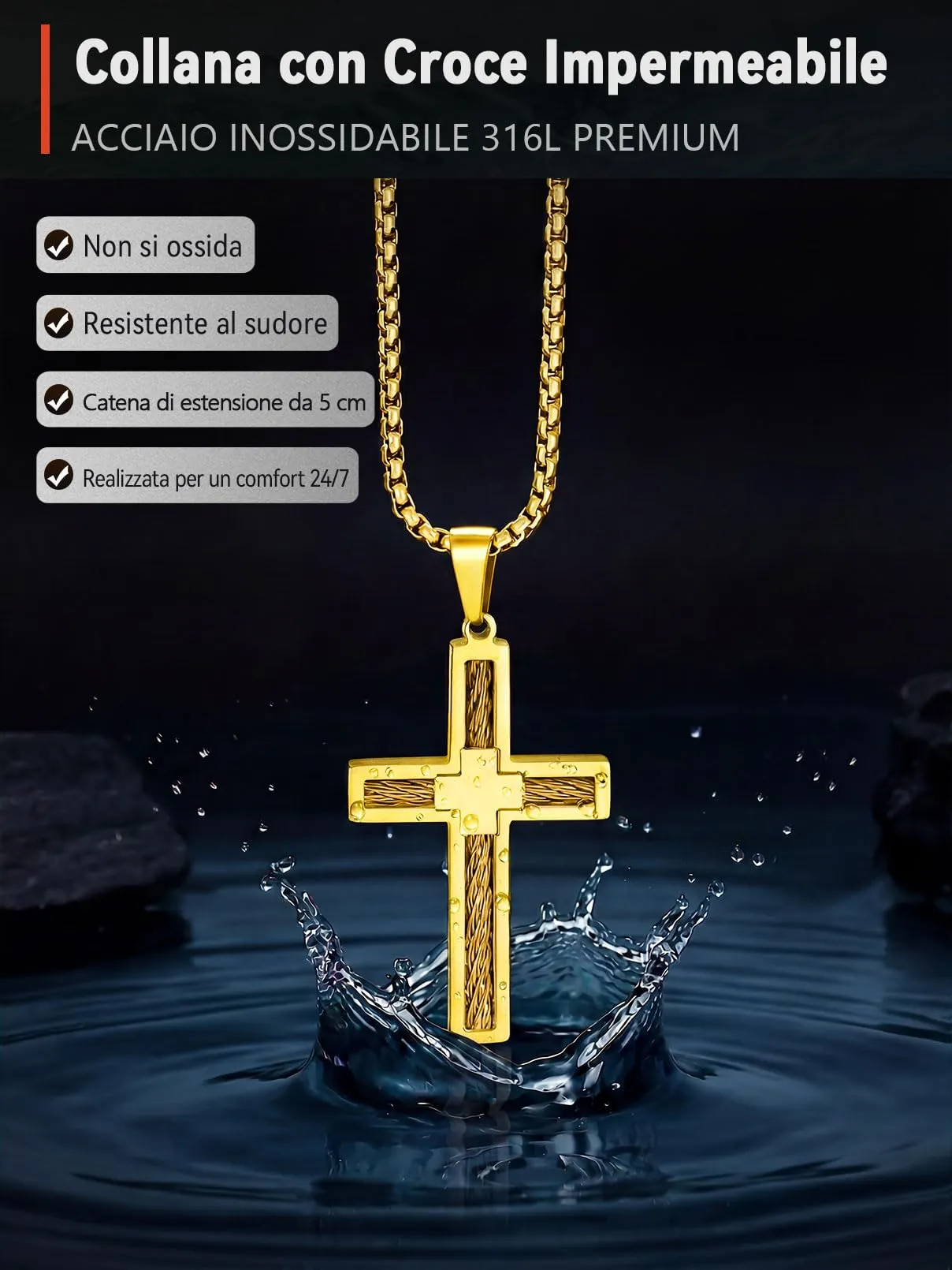 FaithHeart Collana Croce Latina Uomo in Acciaio Inox Oro - immagine 5