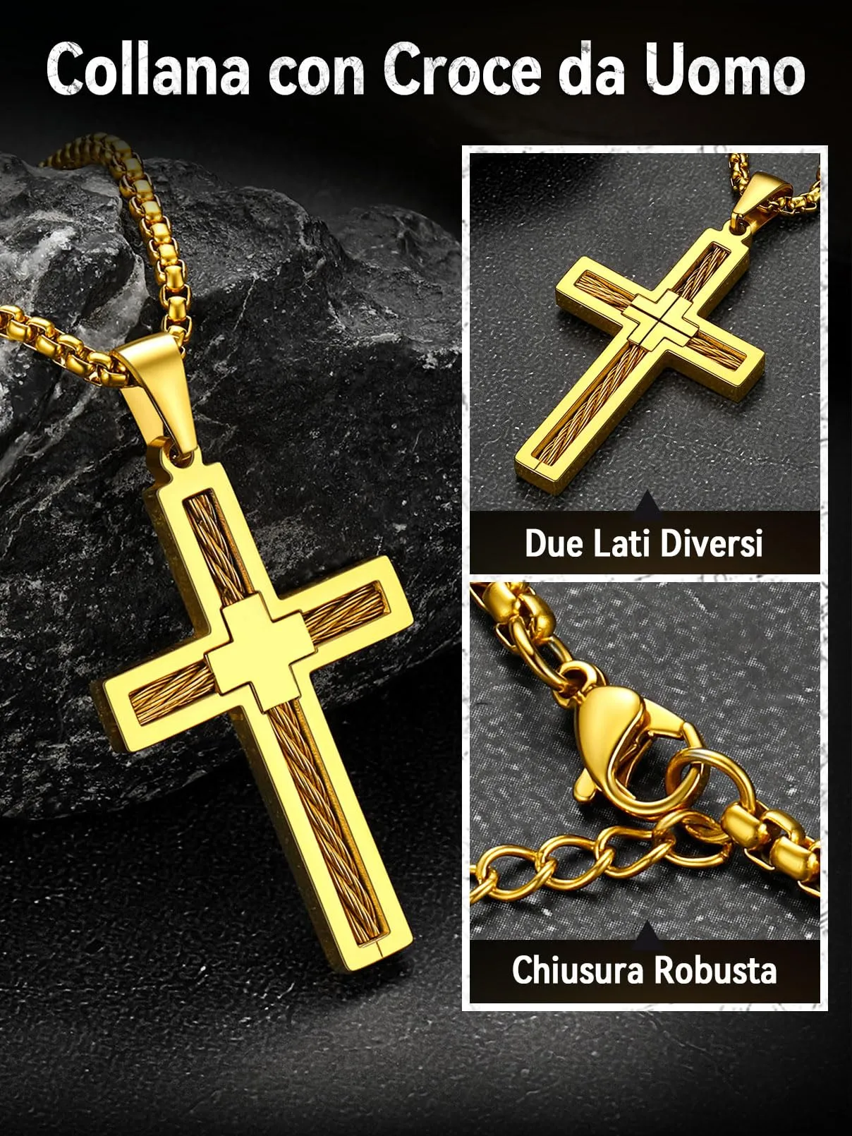 FaithHeart Collana Croce Latina Uomo in Acciaio Inox Oro - immagine 7