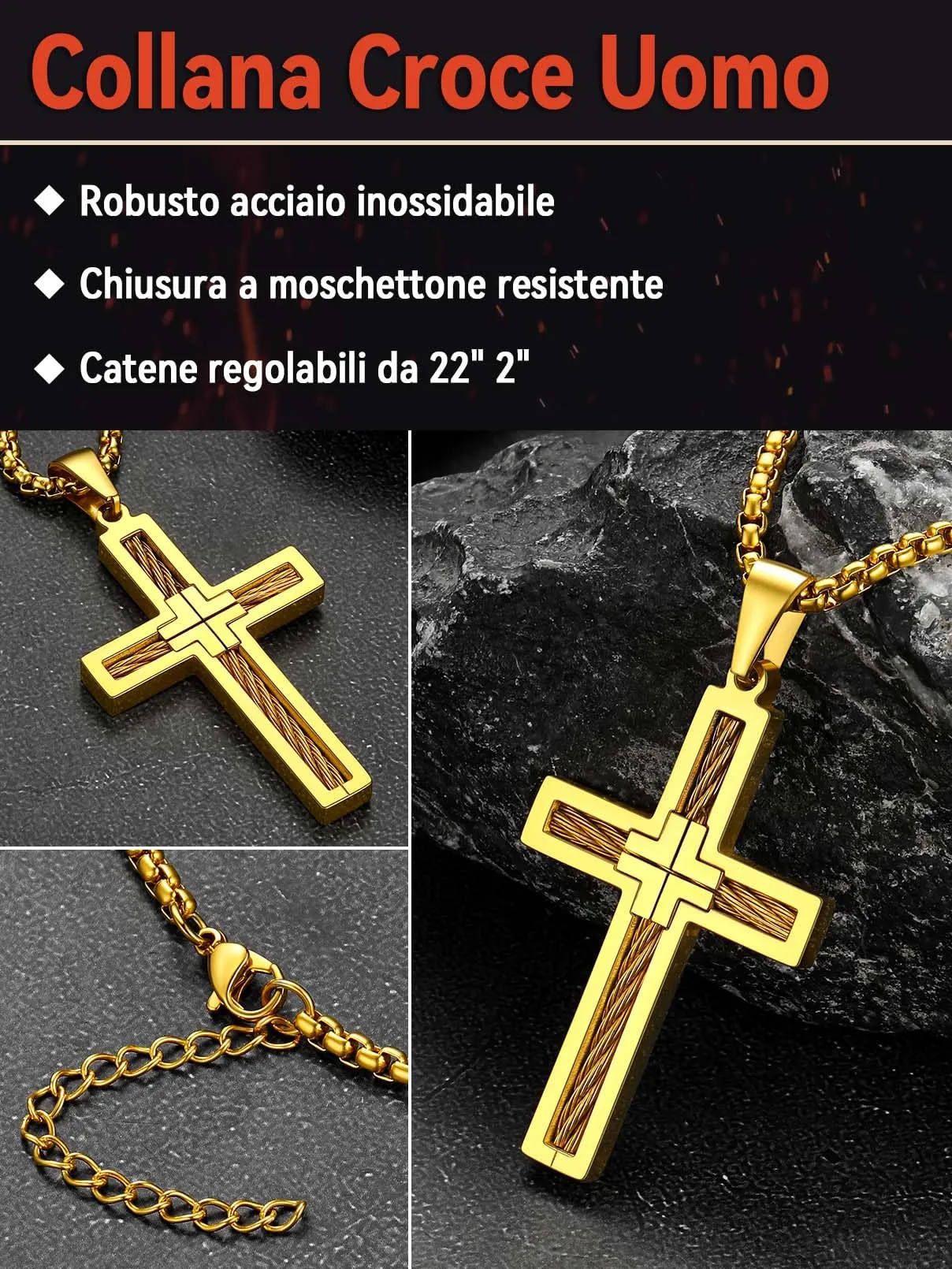 FaithHeart Collana Croce Latina Uomo in Acciaio Inox Oro - immagine 9