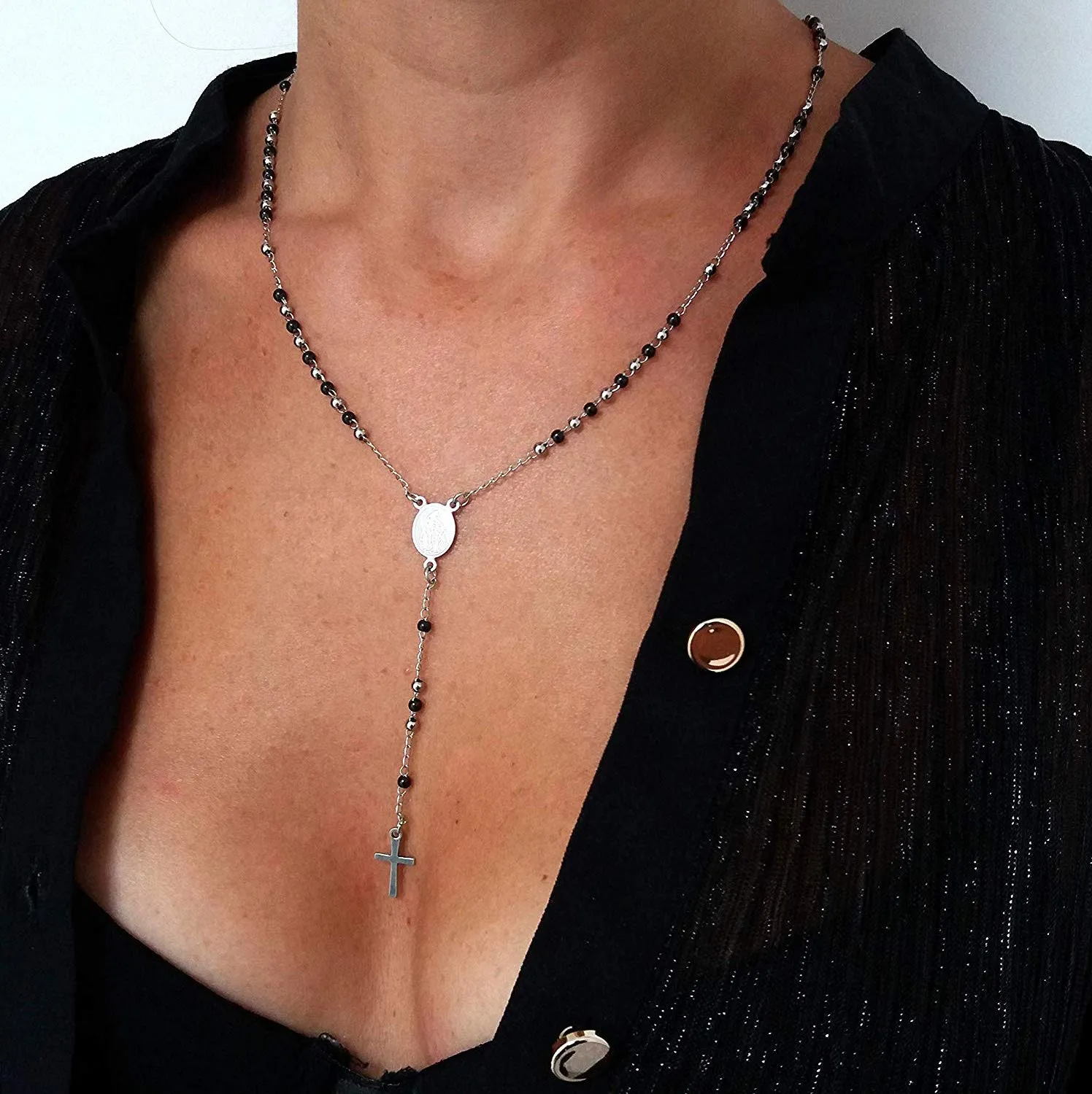 Saga Gioielli Collana Rosario Sfere Nere e Argento in Acciaio Inossidabile - immagine 3
