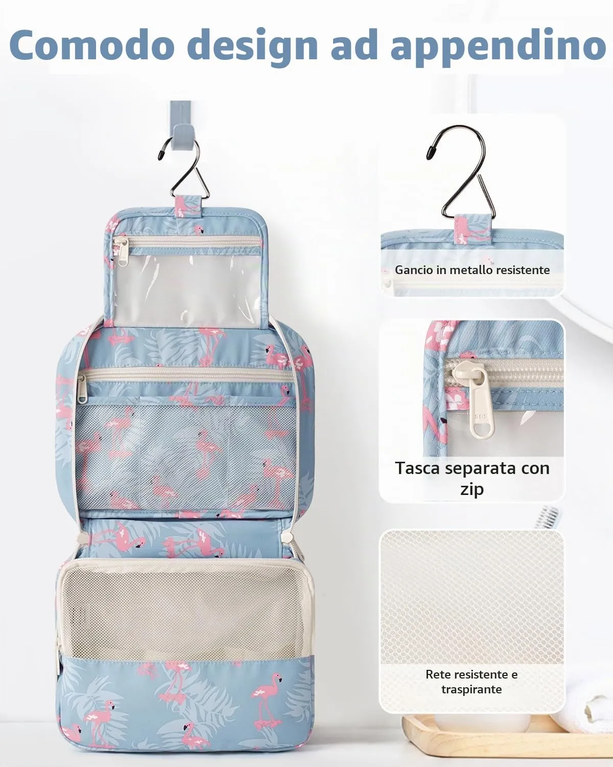 Narwey Beauty Case da Viaggio da Appendere, Borsa da Toilette e Trousse Trucchi (Flamingo) - immagine 5