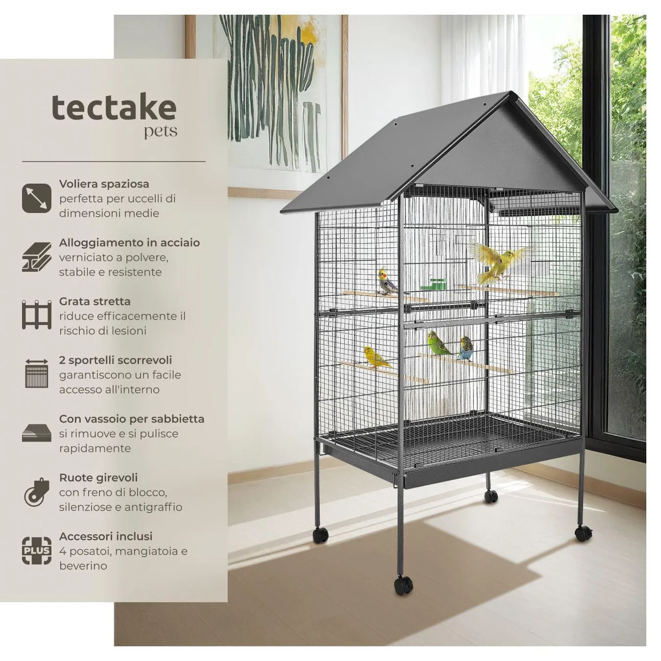 tectake Gabbia per Uccelli Voliera con Tetto Spiovente, 168 x 85 x 60 cm, Antracite - immagine 2