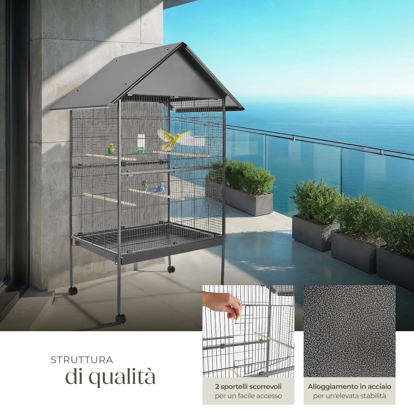 tectake Gabbia per Uccelli Voliera con Tetto Spiovente, 168 x 85 x 60 cm, Antracite - immagine 4