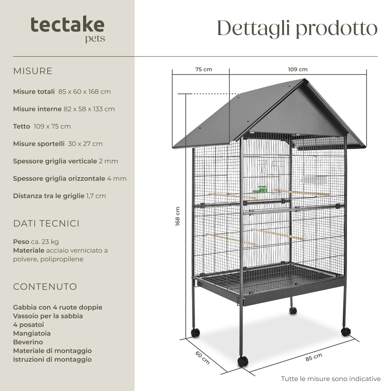 tectake Gabbia per Uccelli Voliera con Tetto Spiovente, 168 x 85 x 60 cm, Antracite - immagine 6