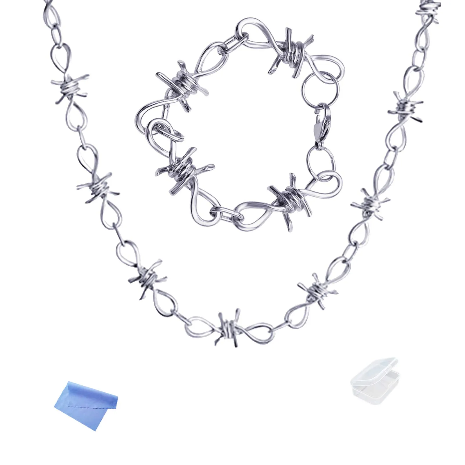 XHBTS Collana e Bracciale Filo Spinato in Lega Stile Punk Gotico con Mini Panno e Mini Box - immagine 1