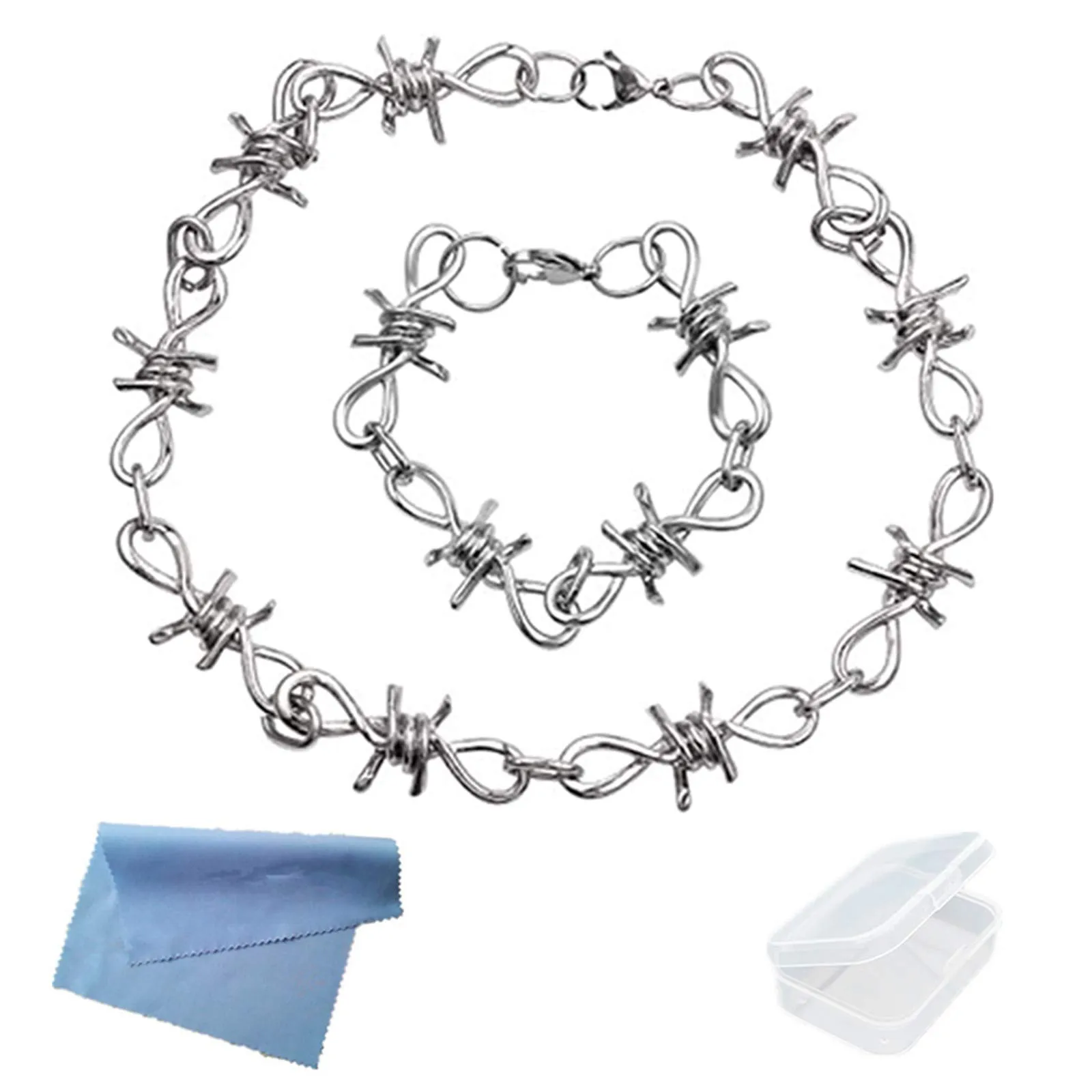 XHBTS Collana e Bracciale Filo Spinato in Lega Stile Punk Gotico con Mini Panno e Mini Box - immagine 7