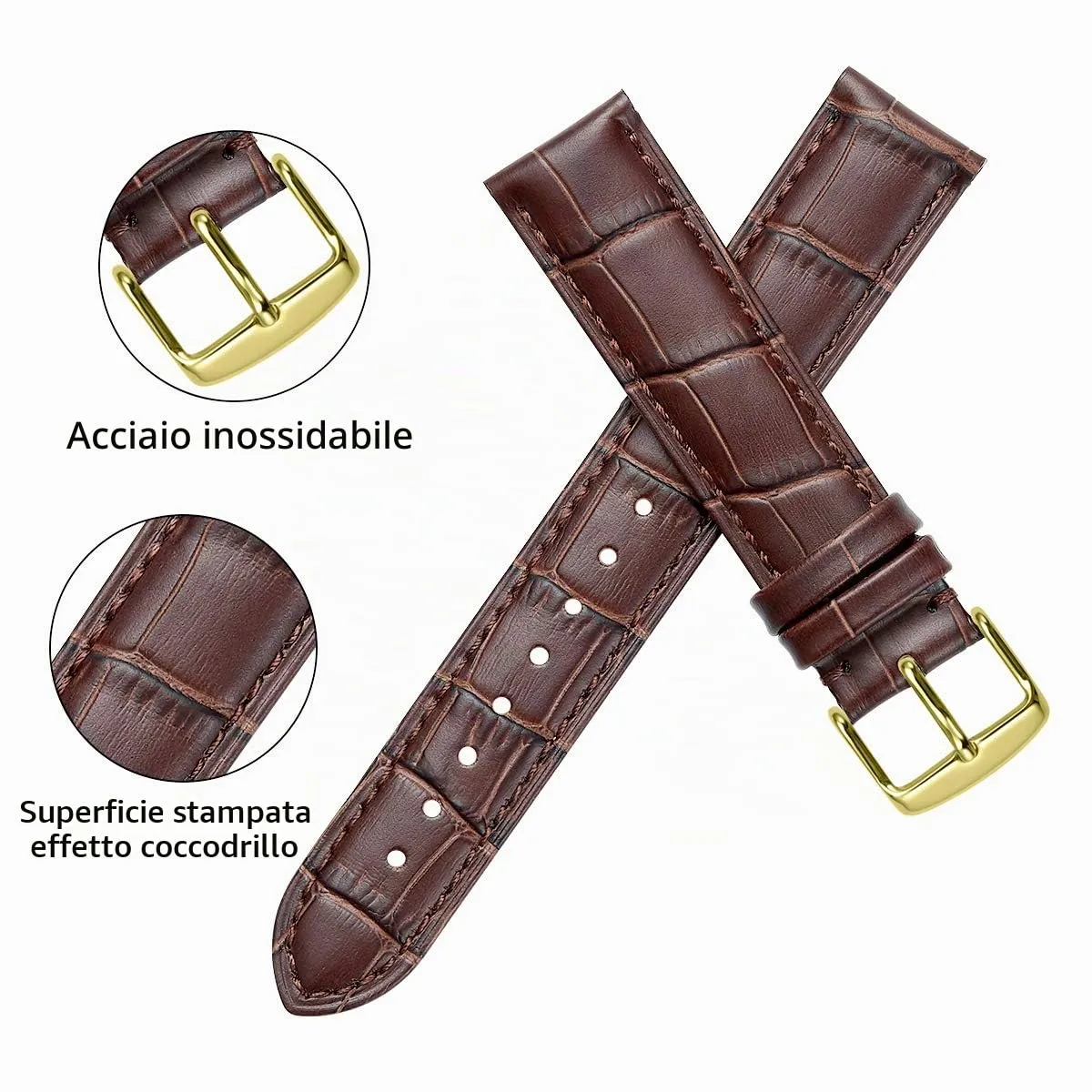 iStrap Cinturino in Pelle Motivo Coccodrillo per Orologio - 20mm - Marrone - immagine 4