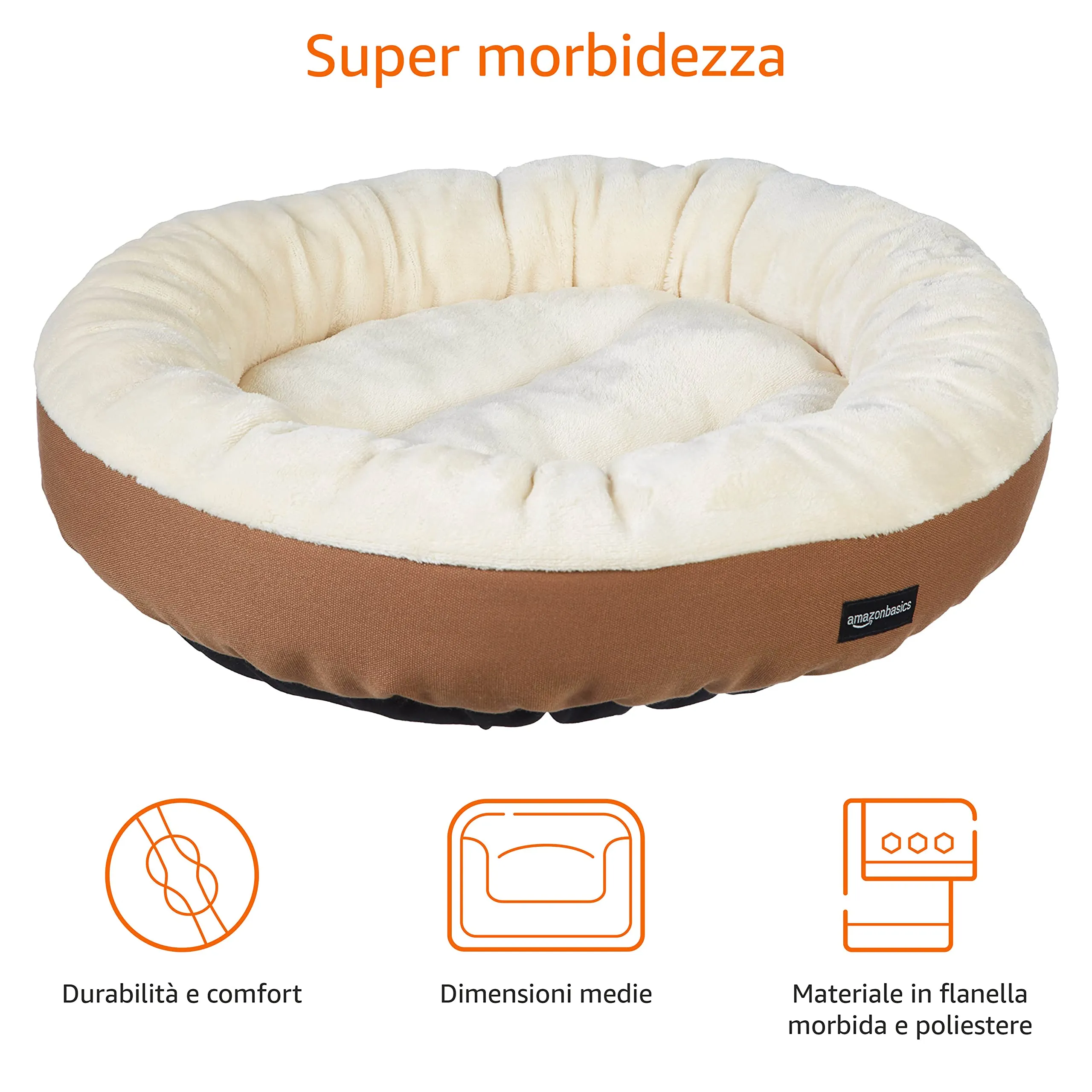 Amazon Basics Cuscino Rotondo per Cani e Gatti in Flanella, 50 x 50,8 x 15,2 cm, Marrone e Avorio - immagine 3