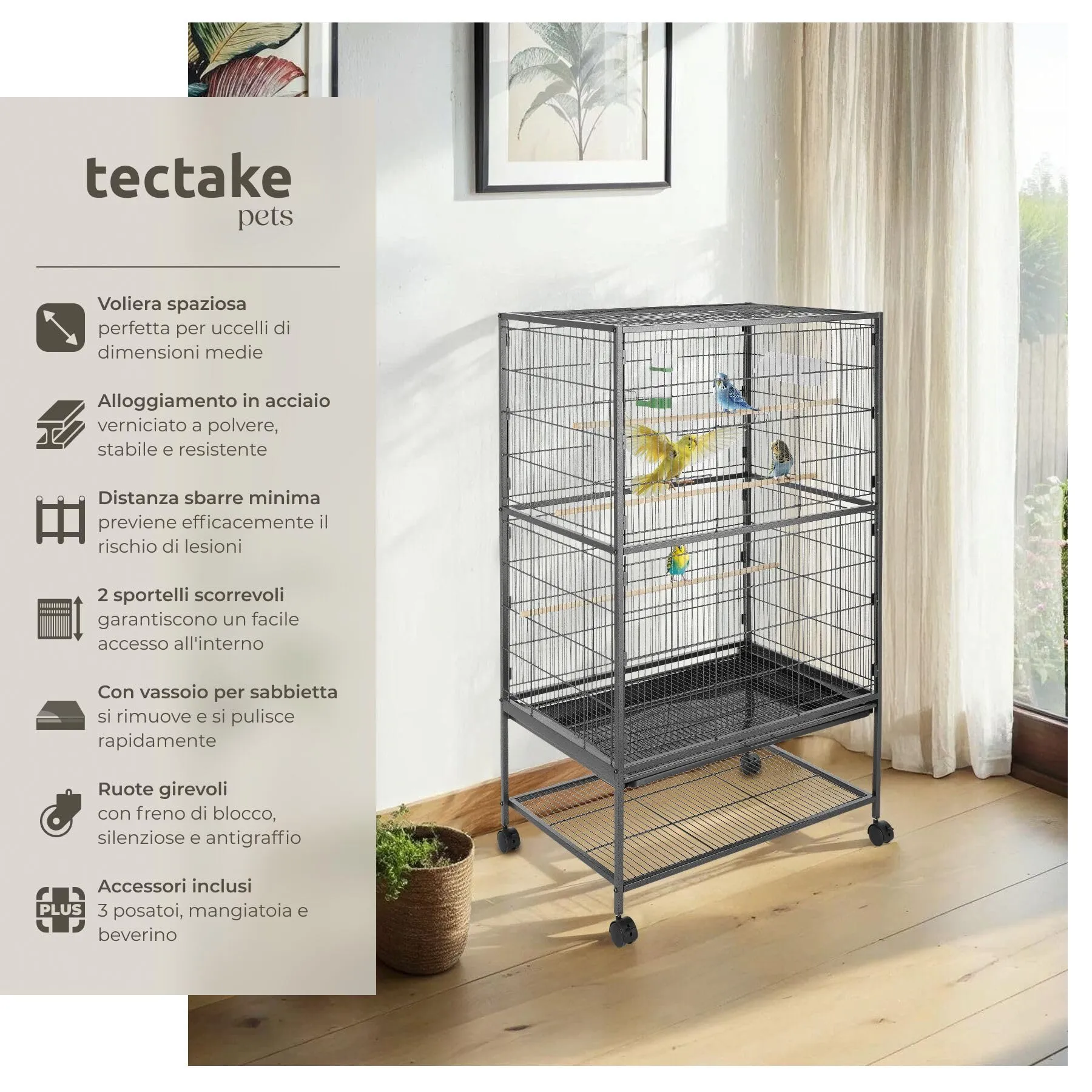 tectake Gabbia per Uccelli Voliera Rettangolare con Rotelle Bloccabili, 131 x 78 x 52 cm, Antracite - immagine 2