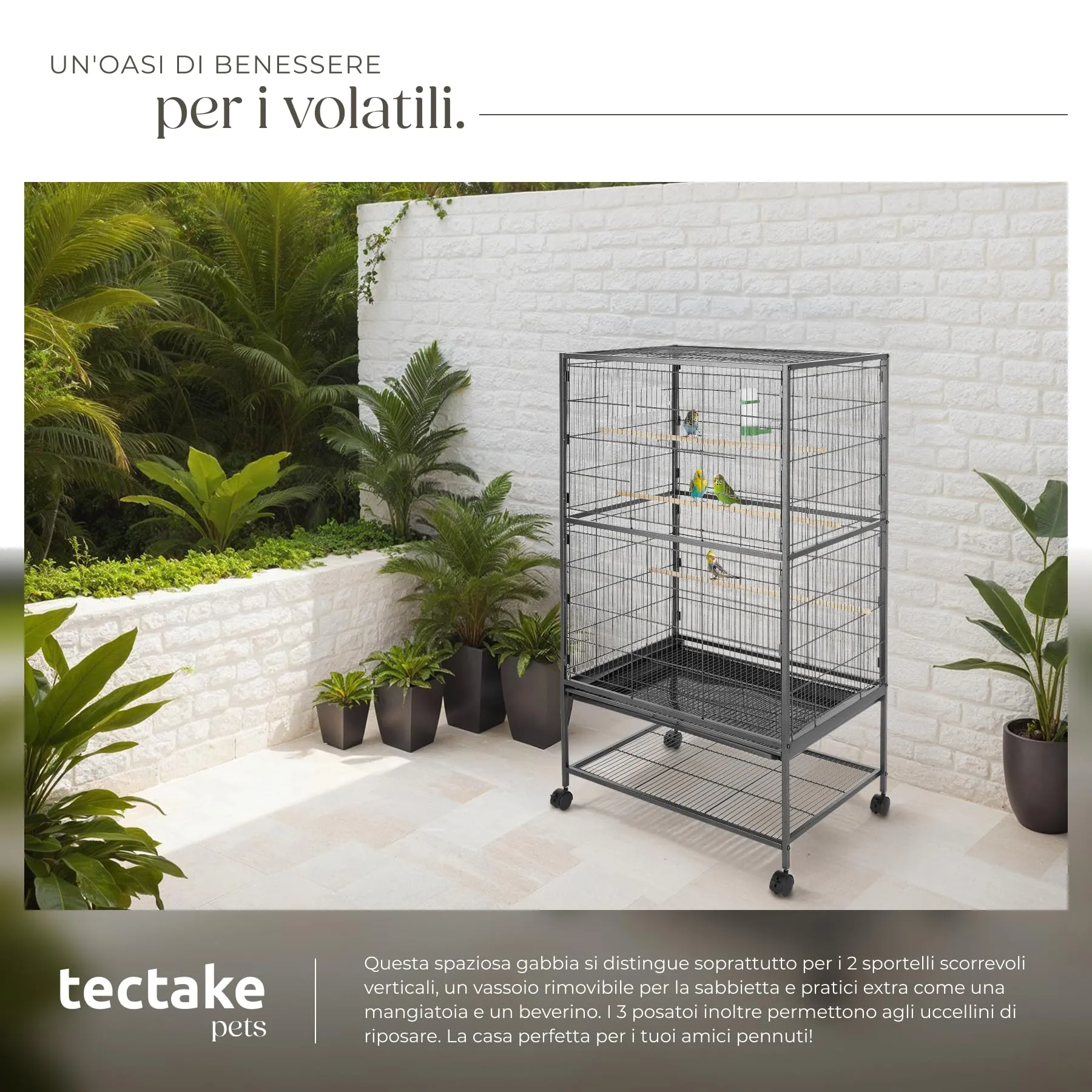 tectake Gabbia per Uccelli Voliera Rettangolare con Rotelle Bloccabili, 131 x 78 x 52 cm, Antracite - immagine 3
