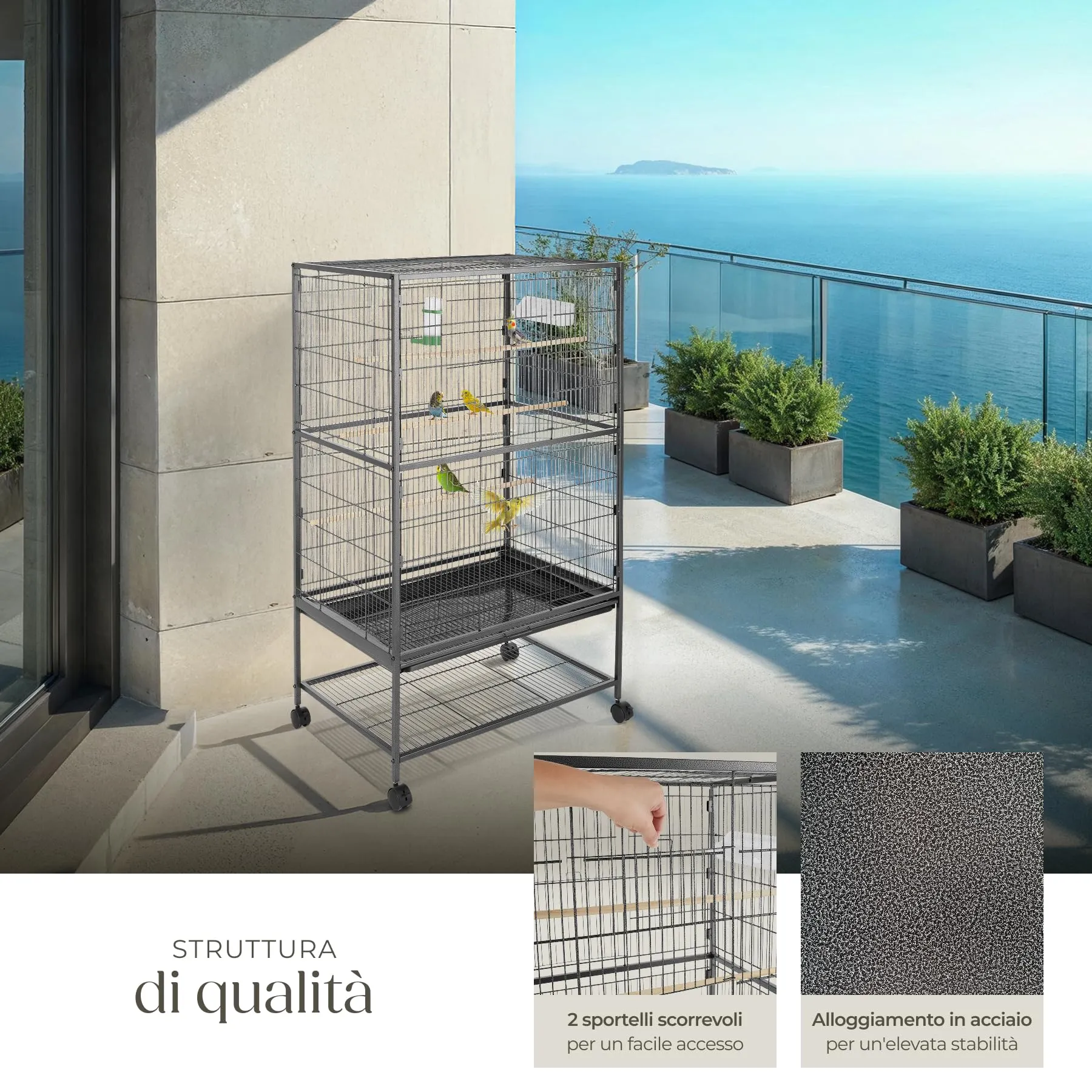 tectake Gabbia per Uccelli Voliera Rettangolare con Rotelle Bloccabili, 131 x 78 x 52 cm, Antracite - immagine 4