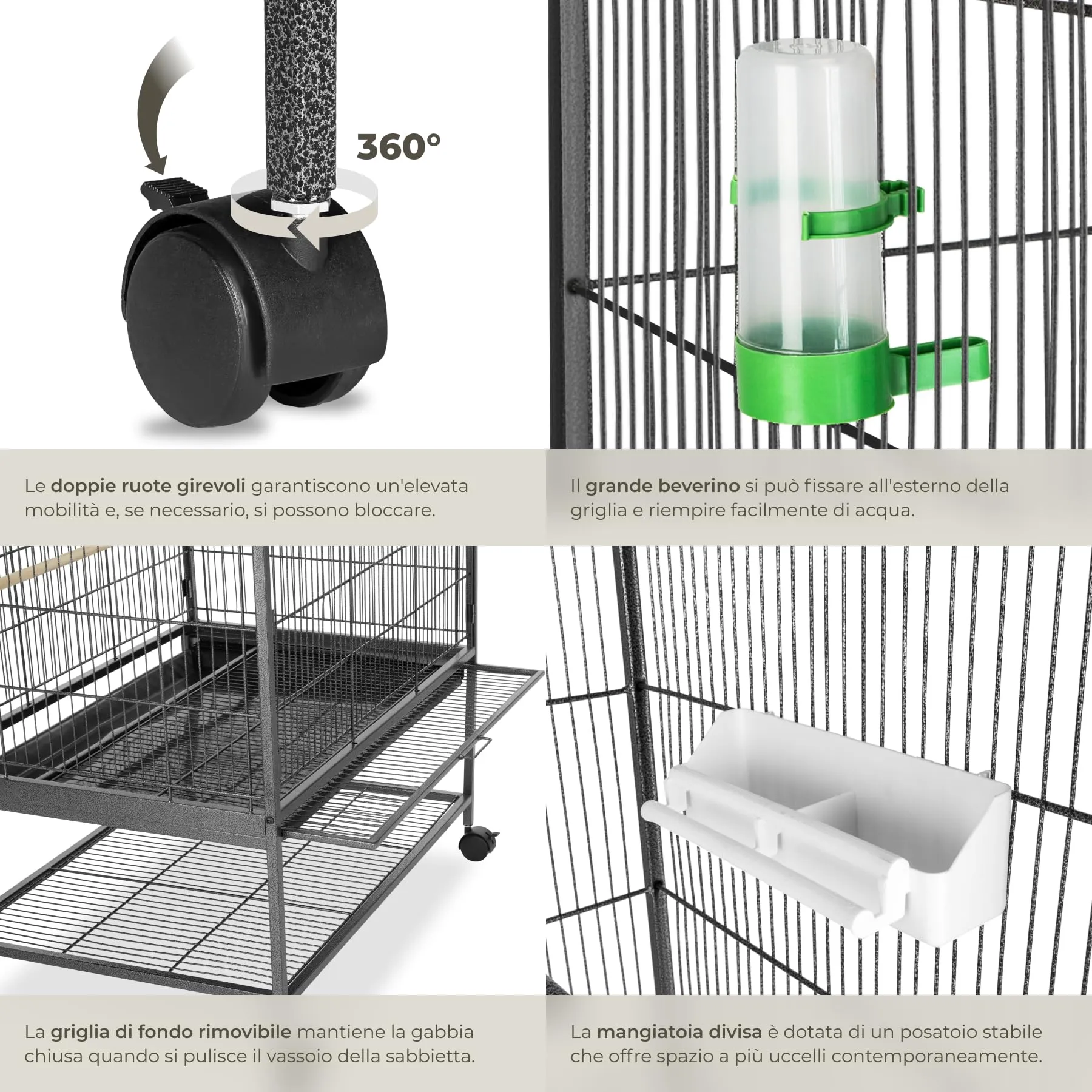 tectake Gabbia per Uccelli Voliera Rettangolare con Rotelle Bloccabili, 131 x 78 x 52 cm, Antracite - immagine 5