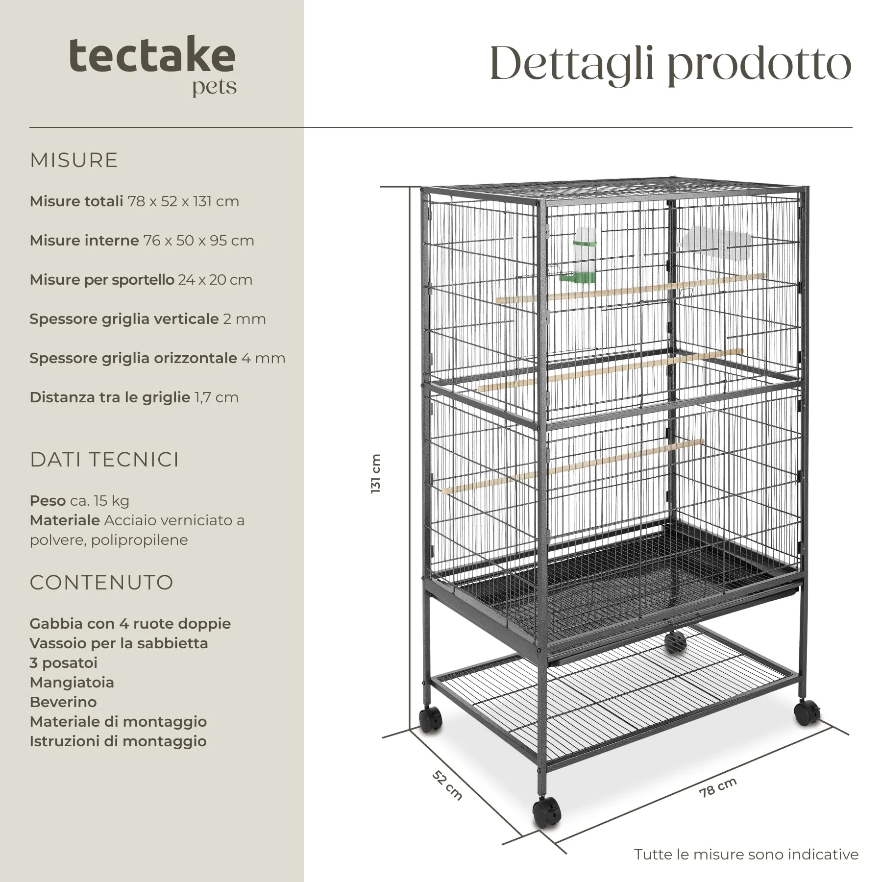 tectake Gabbia per Uccelli Voliera Rettangolare con Rotelle Bloccabili, 131 x 78 x 52 cm, Antracite - immagine 6