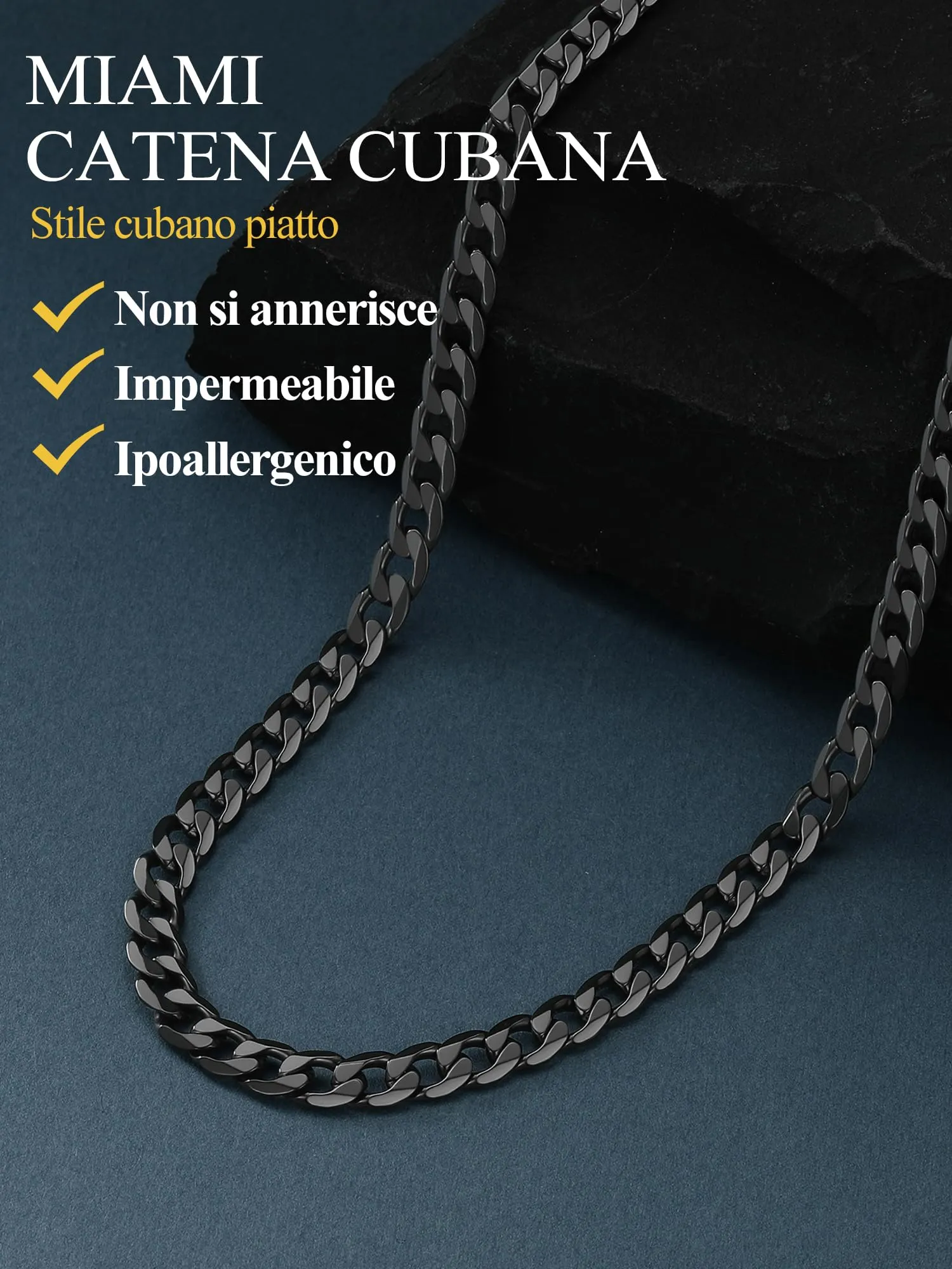 PROSTEEL Collana Uomo Catena Cubana in Acciaio Inossidabile Nero 6mm 76cm - immagine 6