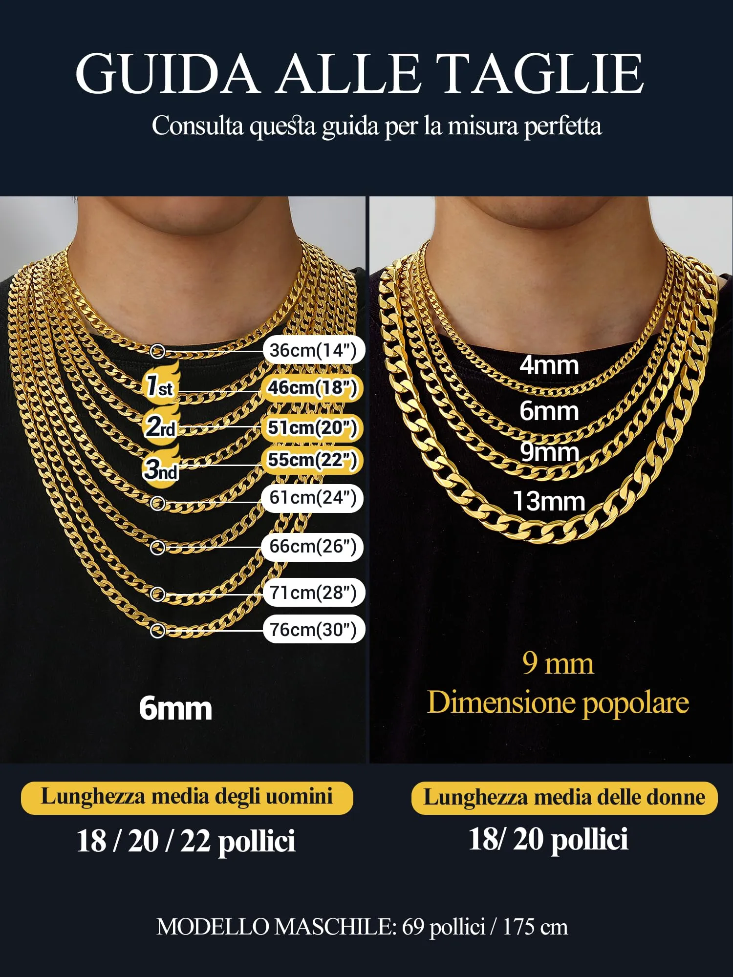 PROSTEEL Collana Uomo Catena Cubana Acciaio Inox 316L Oro 9mm 76cm - immagine 5