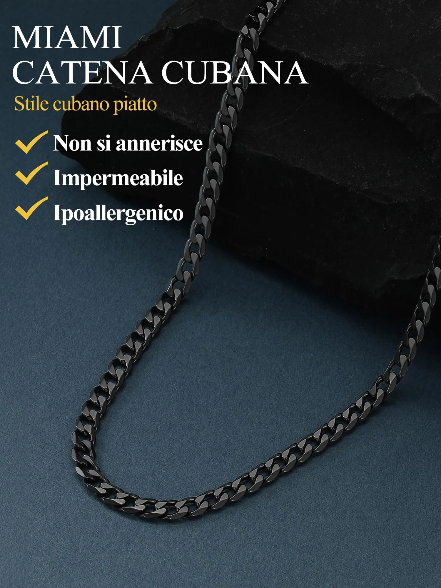 PROSTEEL Collana Uomo Catena Cubana in Acciaio Inossidabile 316L, Nero, 4mm x 61cm - immagine 6
