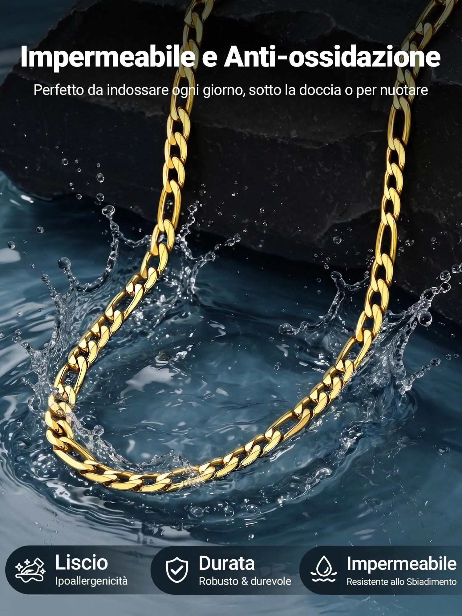 PROSTEEL Collana da uomo catena figaro in acciaio inossidabile, oro, 60 cm x 6 mm - immagine 4