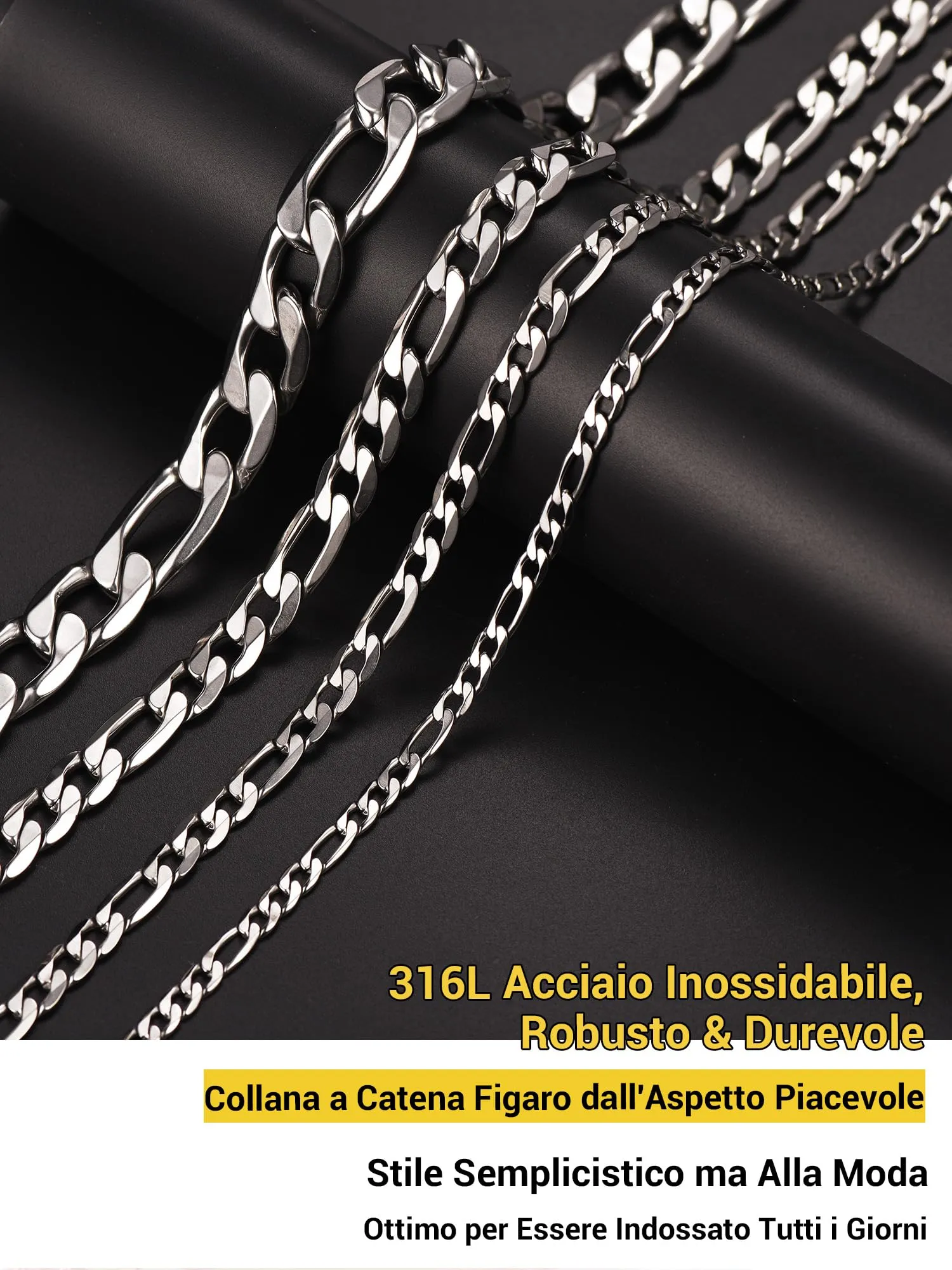 PROSTEEL Collana Catena Figaro in Acciaio Inossidabile 65 cm 4 mm Argento - immagine 7