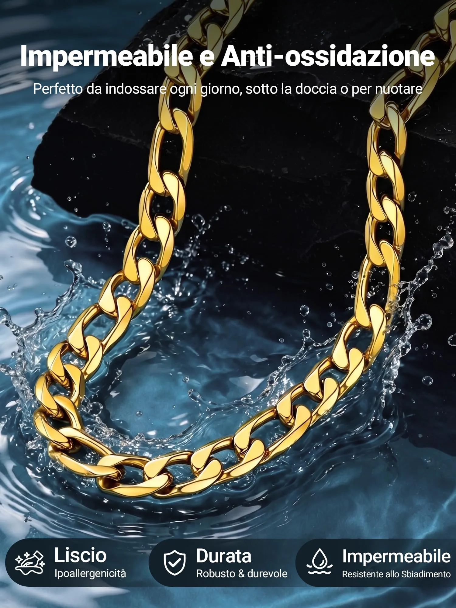 PROSTEEL Collana Catena Figaro 65 cm, Acciaio Inossidabile Placcato Oro 18K, 13 mm - immagine 5