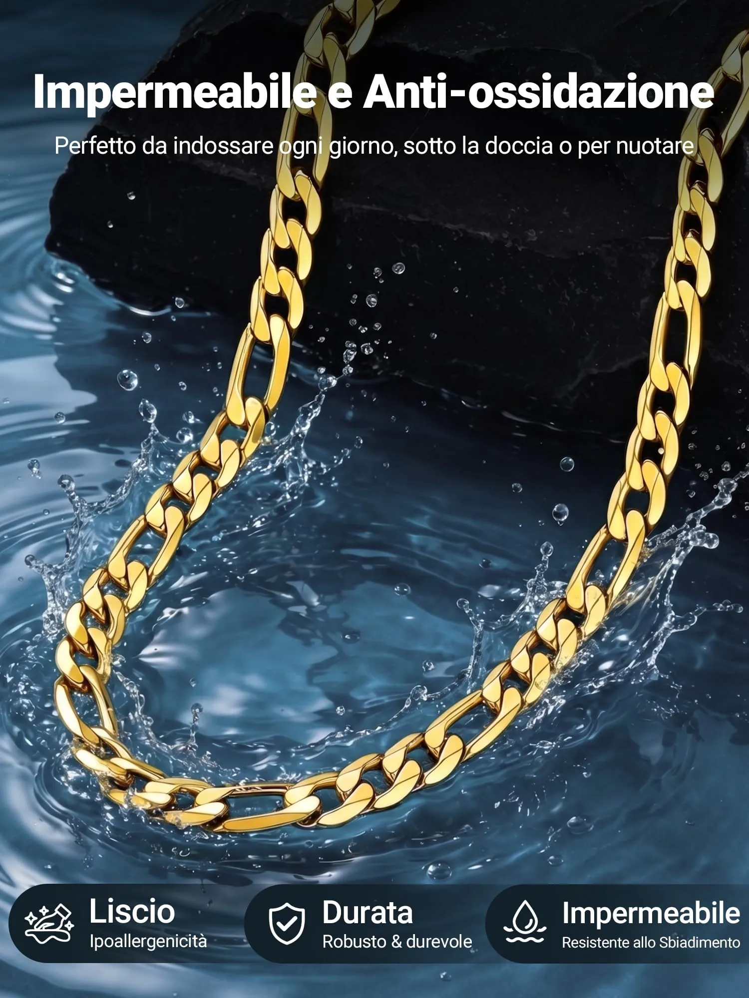 PROSTEEL Collana catena figaro 65 cm oro acciaio inossidabile placcato oro 18K 9 mm - immagine 3