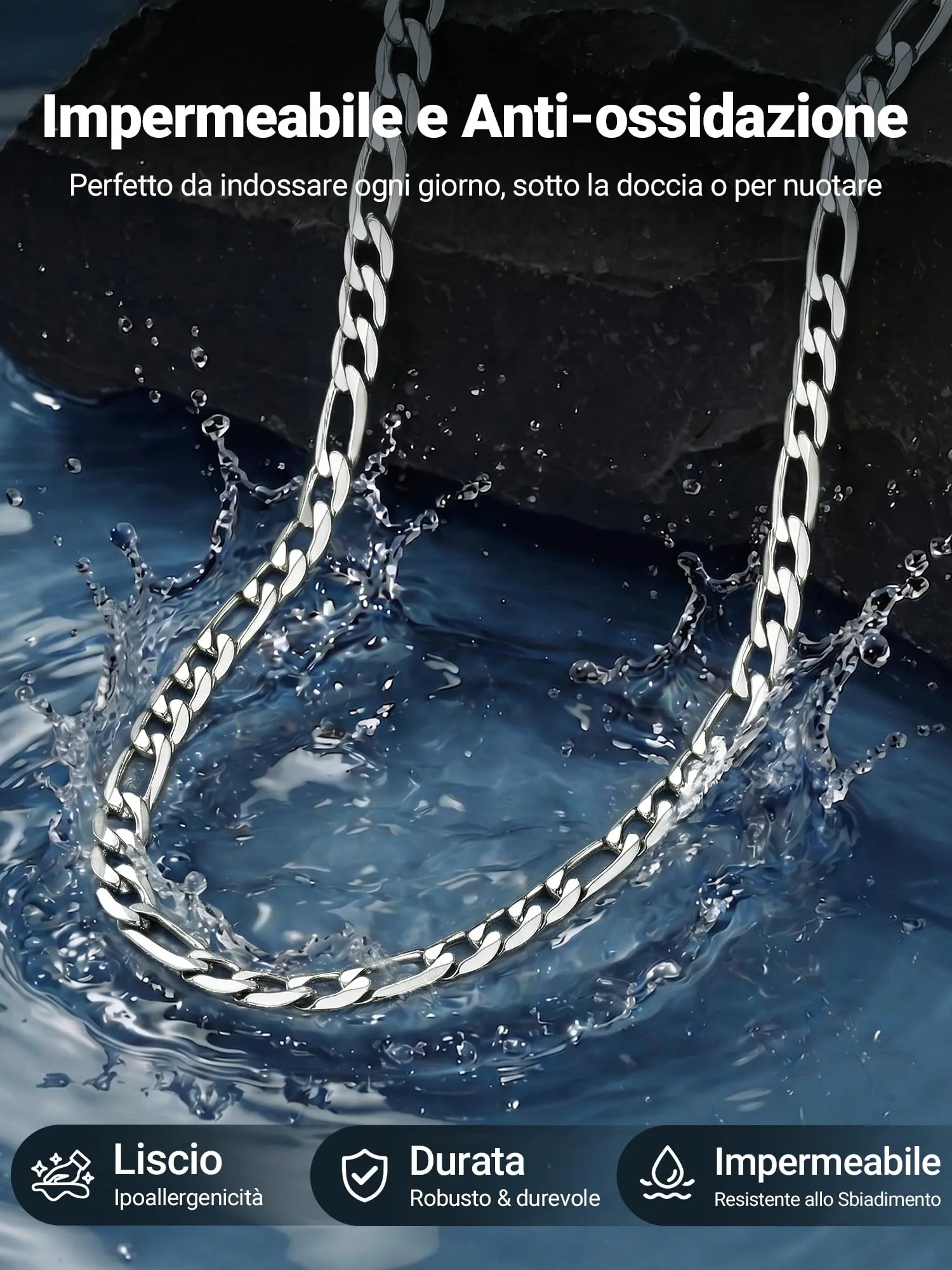 PROSTEEL Collana Catena Figaro in Acciaio Inossidabile, 6 mm, 60 cm, Argento - immagine 3