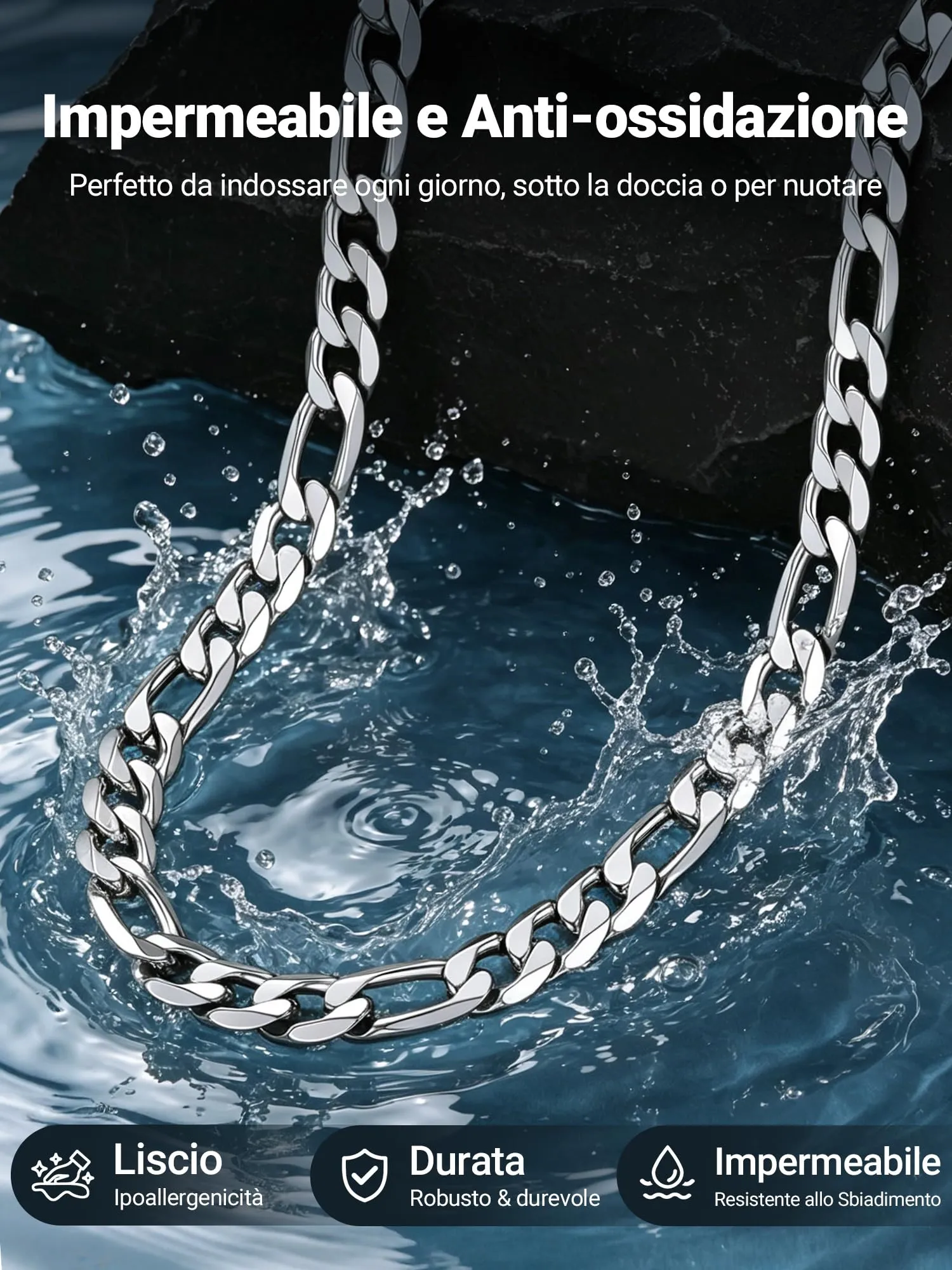 PROSTEEL Collana Catena Figaro 9 mm, 60 cm, Argento, Acciaio Inossidabile - immagine 5