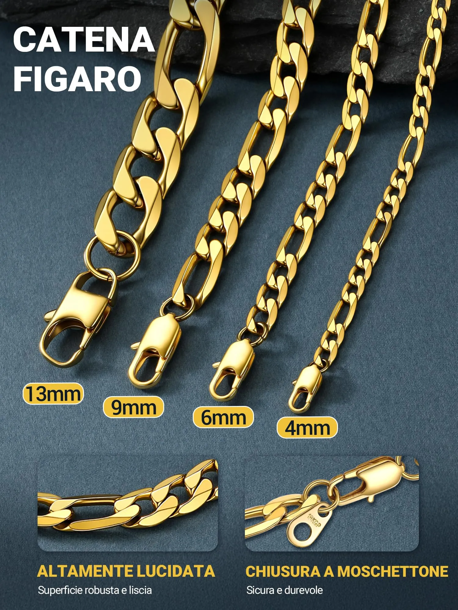 PROSTEEL Collana catena figaro 55 cm 9 mm Oro acciaio inossidabile - immagine 5