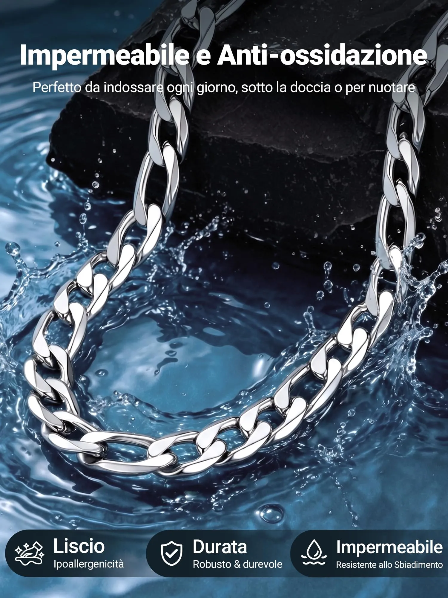 PROSTEEL Collana catena figaro 65 cm 13 mm argento acciaio inossidabile - immagine 3