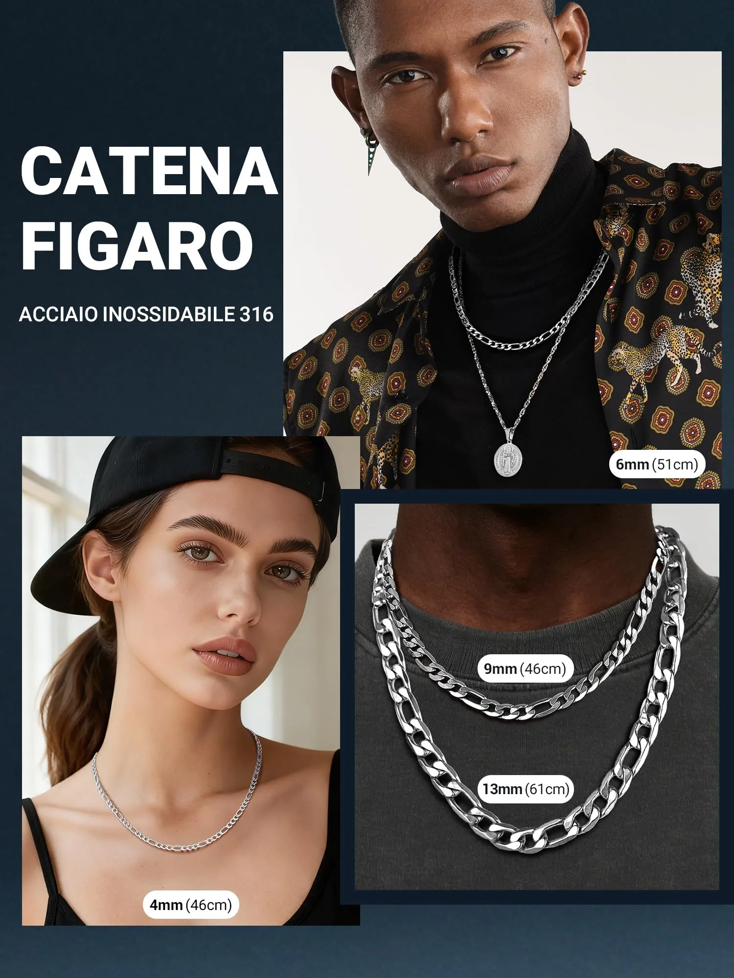 PROSTEEL Collana da Uomo Catena Figaro 75 cm Argento Acciaio Inossidabile 9 mm - immagine 4