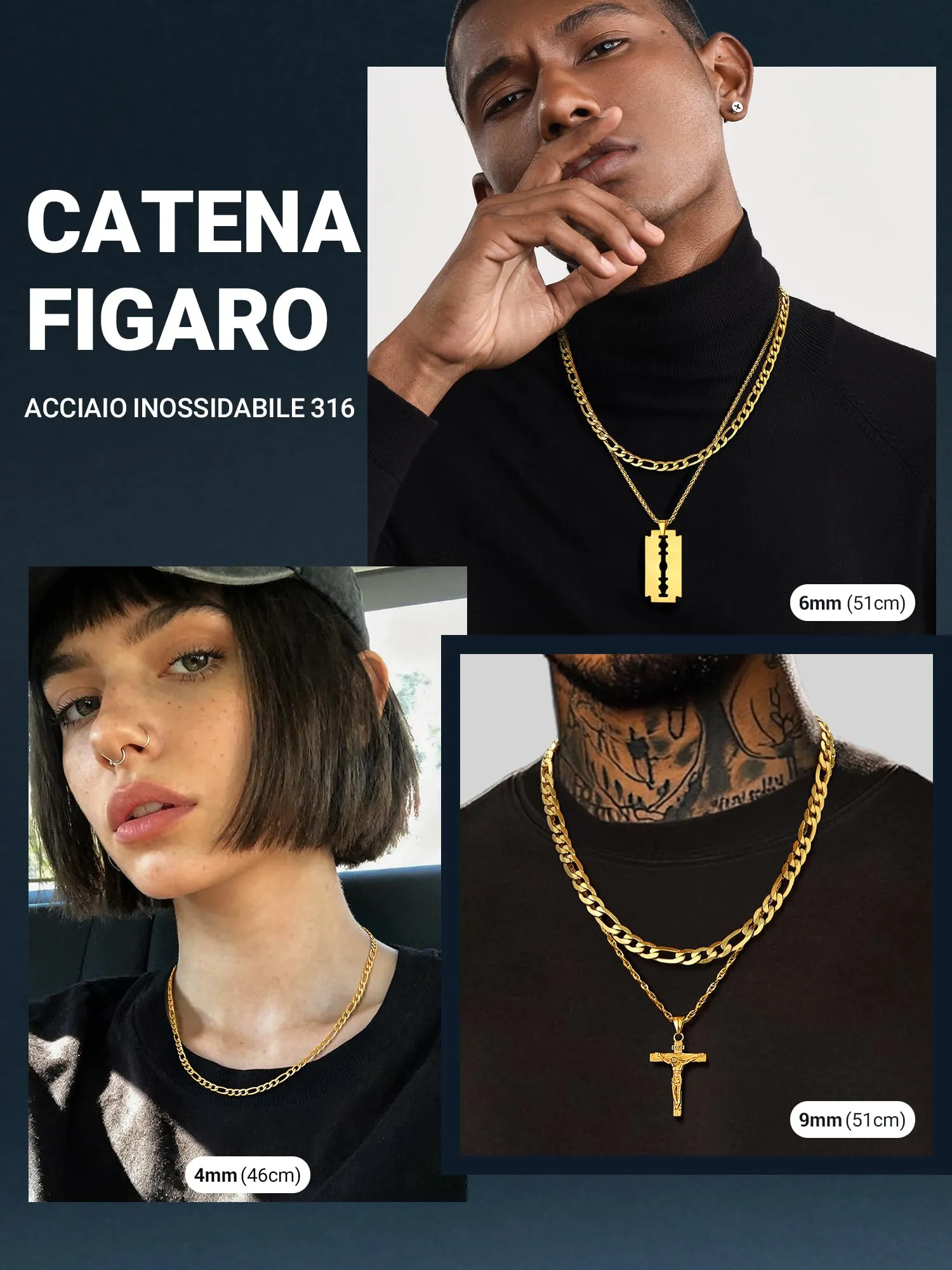 PROSTEEL Collana catena figaro uomo ragazzo, 75 cm, acciaio inossidabile placcato oro 18K, 4 mm - immagine 4