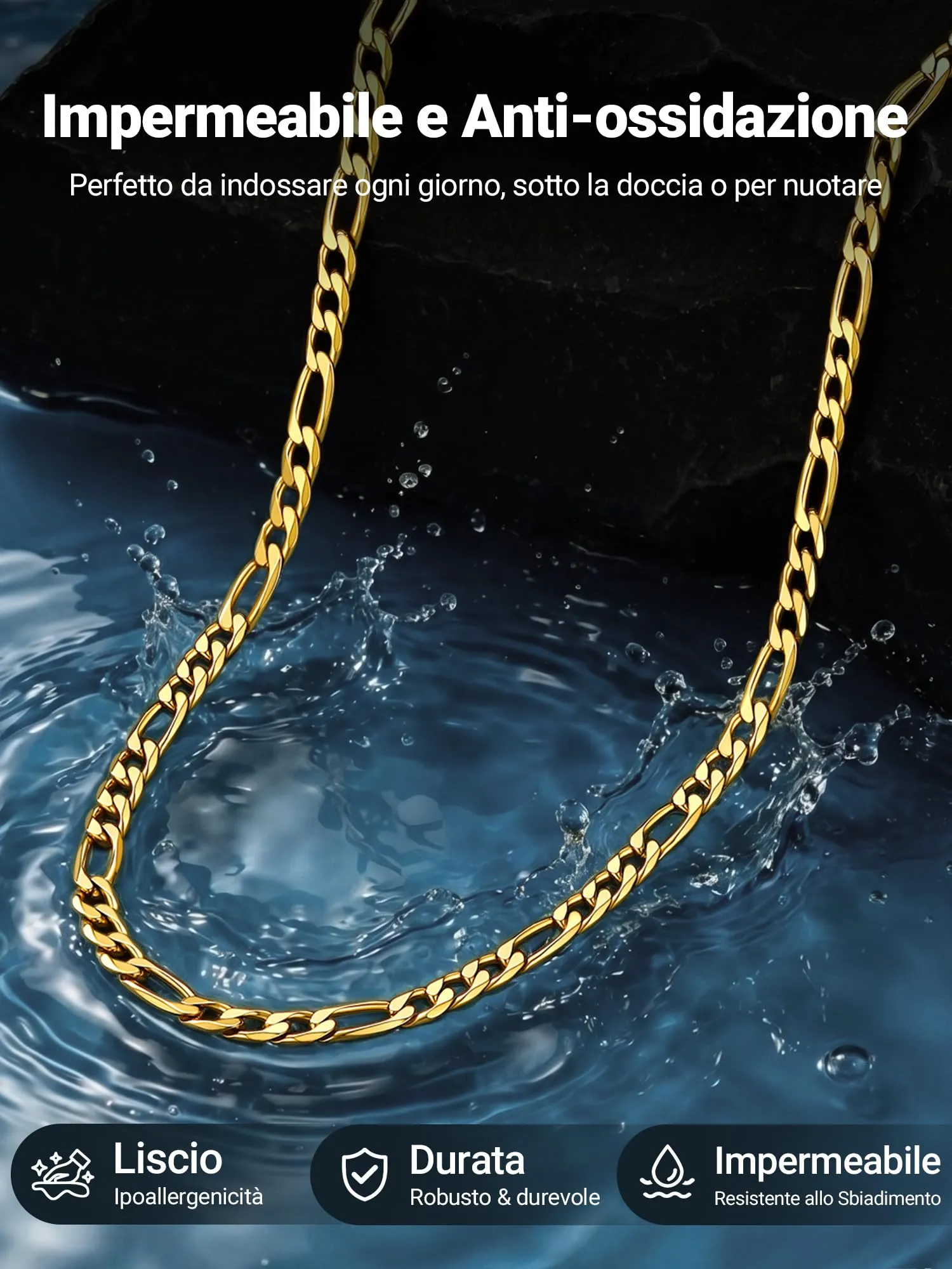 PROSTEEL Collana Catena Figaro 65 cm 4 mm Acciaio Inossidabile Placcato Oro 18K - immagine 5