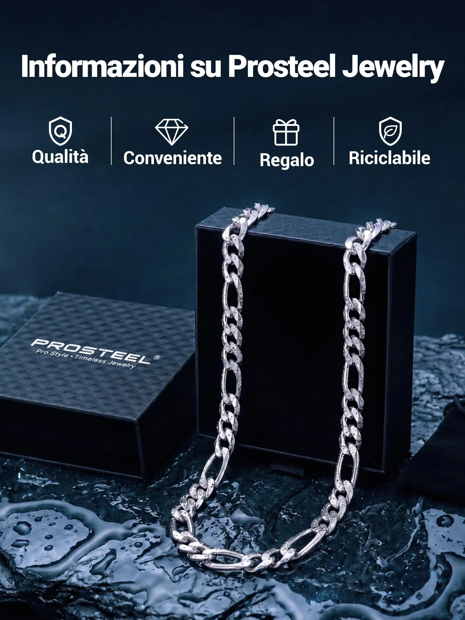 PROSTEEL Collana da Uomo Catena Figaro 45 cm Argento Acciaio Inossidabile 13 mm - immagine 6