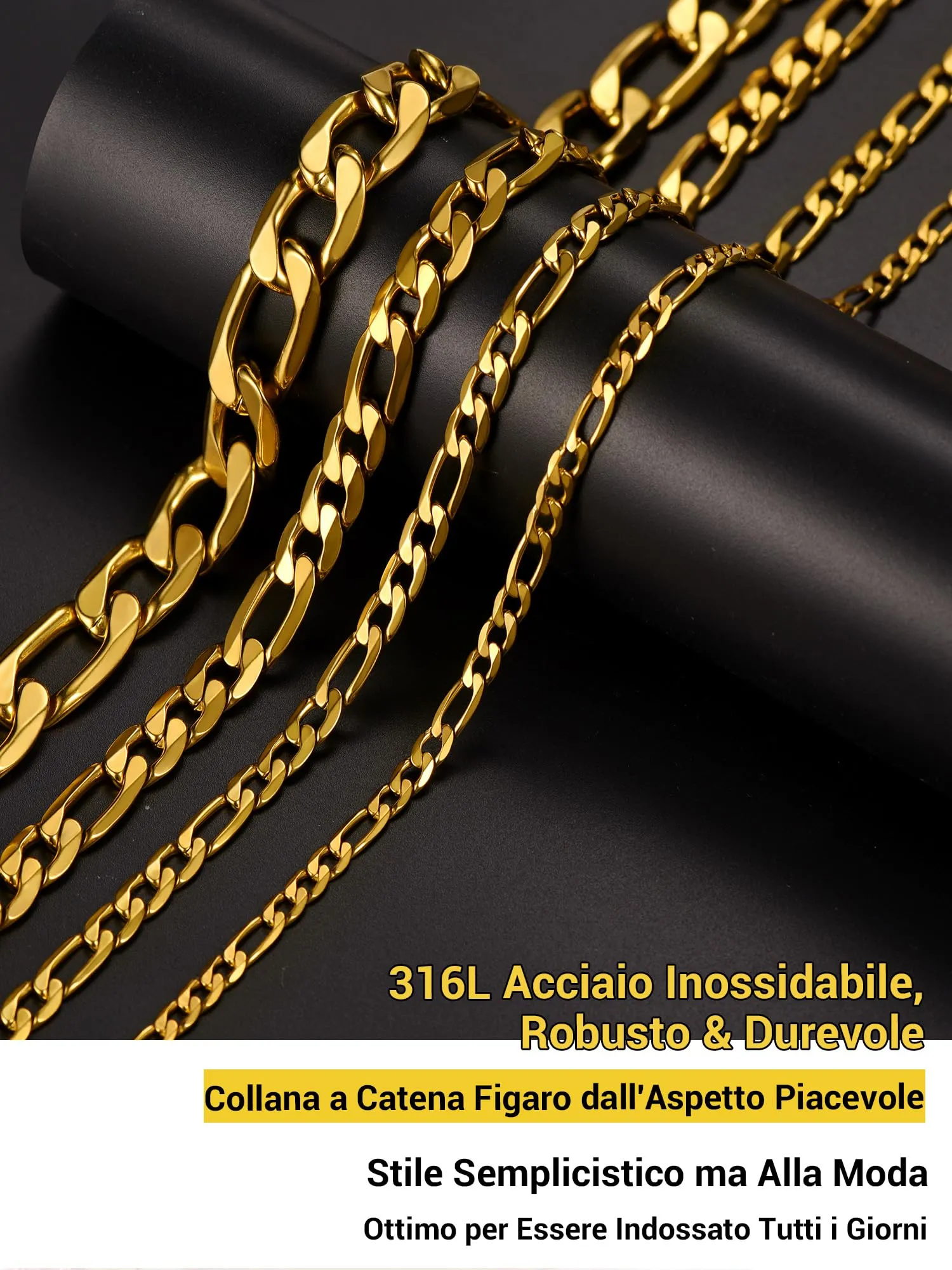 PROSTEEL Collana da Uomo Catena Figaro 45 cm 4 mm Oro Acciaio Inossidabile Placcato Oro 18K - immagine 7
