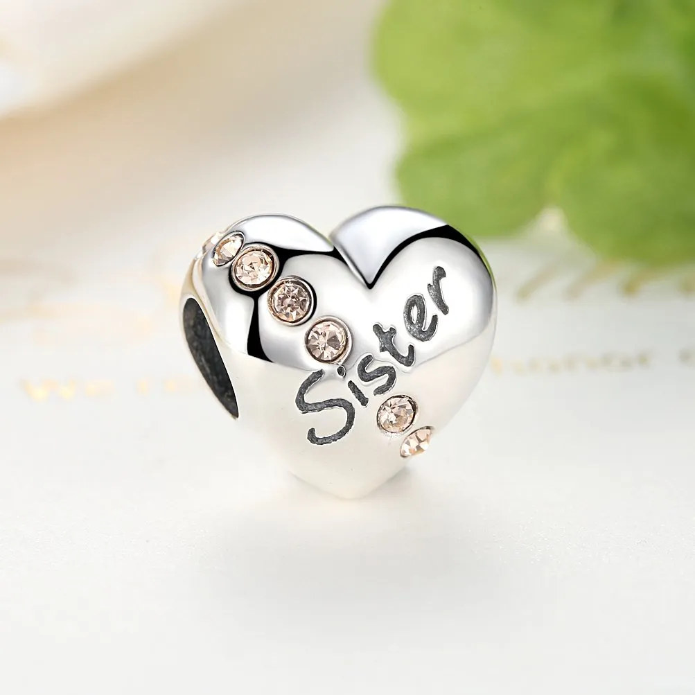 NINGAN Perline pendenti in argento sterling a forma di cuore con lettering famiglia per braccialetti da donna (Sorella-3) - immagine 3