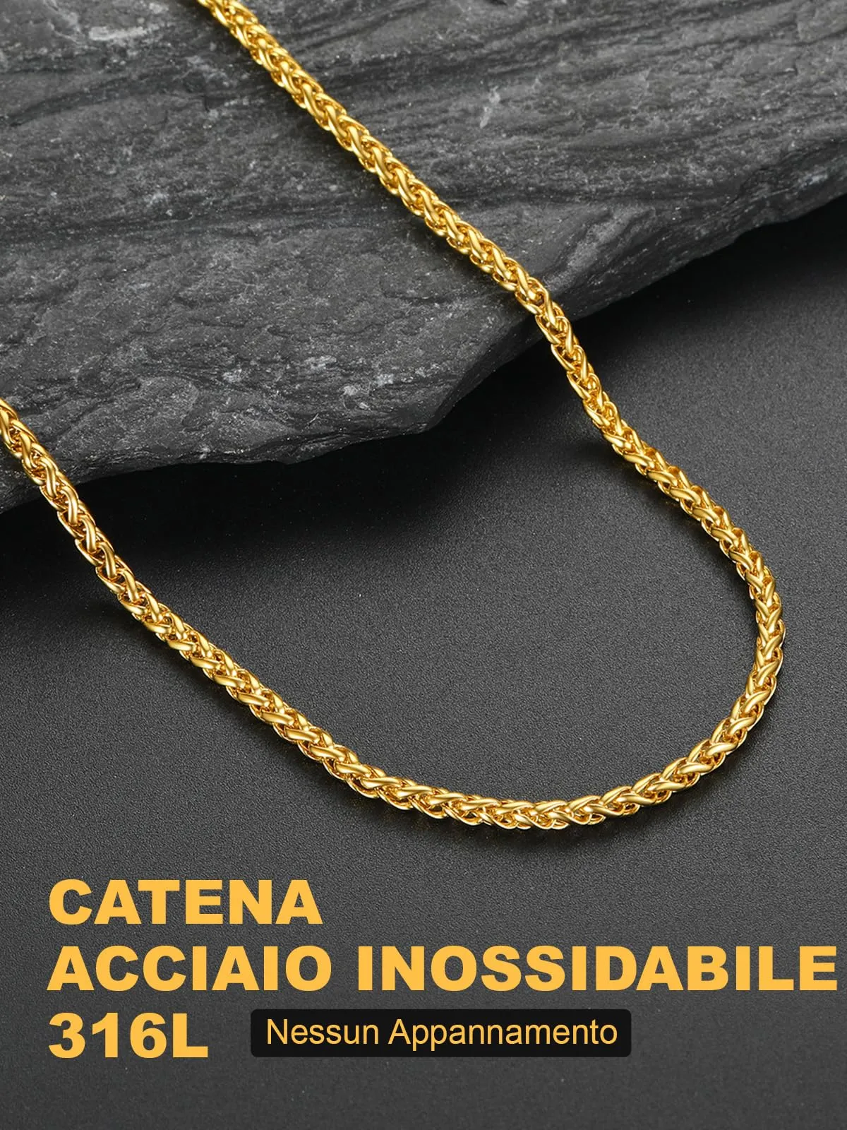 U7 Collana Uomo Catena Spiga in Acciaio Inossidabile Oro, 3mm x 71cm - immagine 4