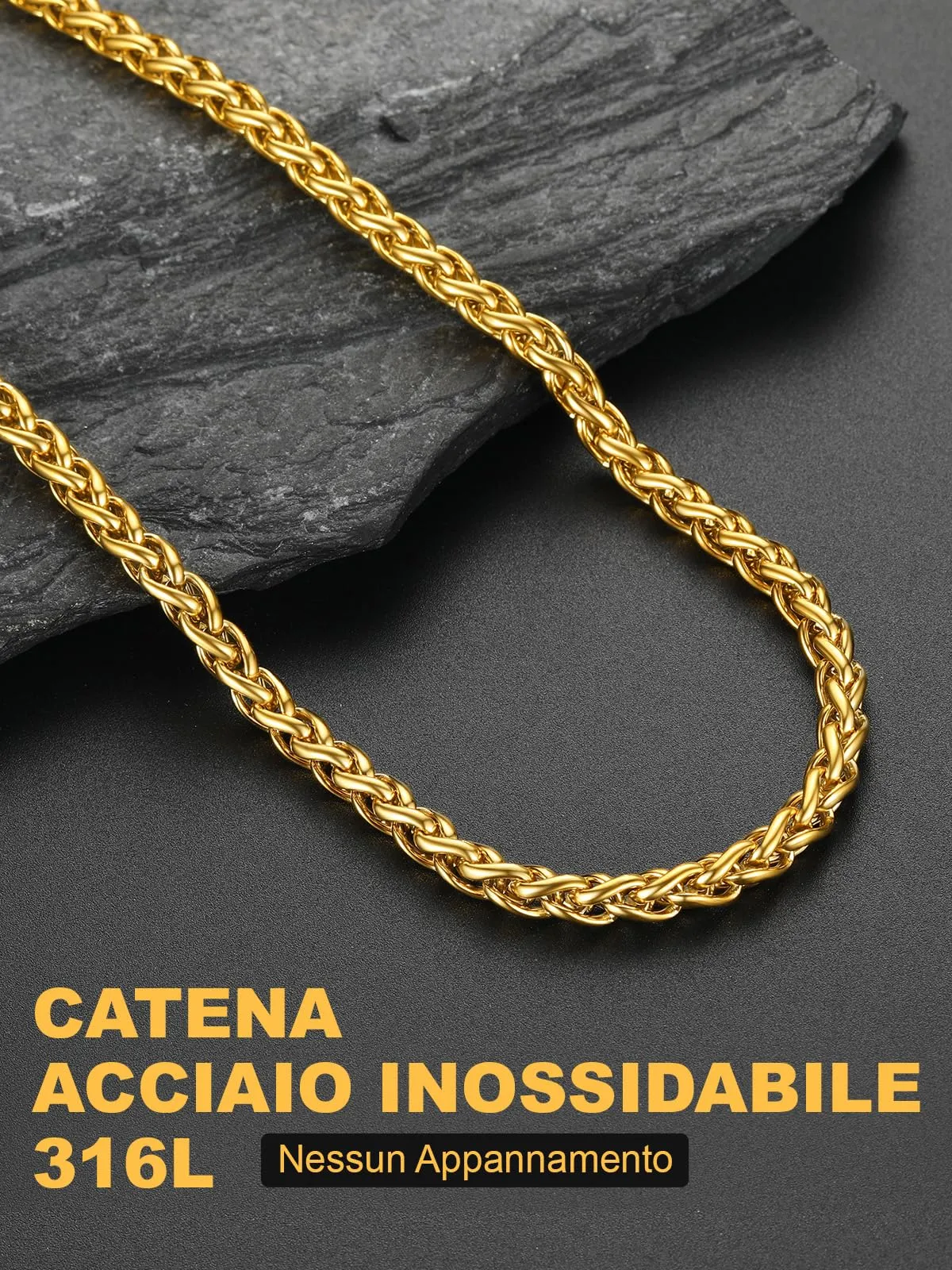 U7 Collana Uomo in Acciaio Inossidabile Placcato Oro, Catena Spiga 6mm, 46cm - immagine 5