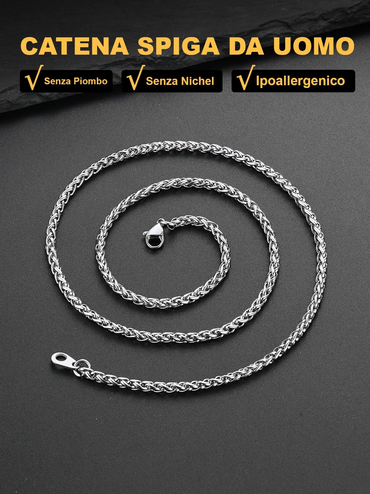 U7 Collana Uomo in Acciaio Inossidabile, Catena a Spiga 3mm, 71cm - immagine 4