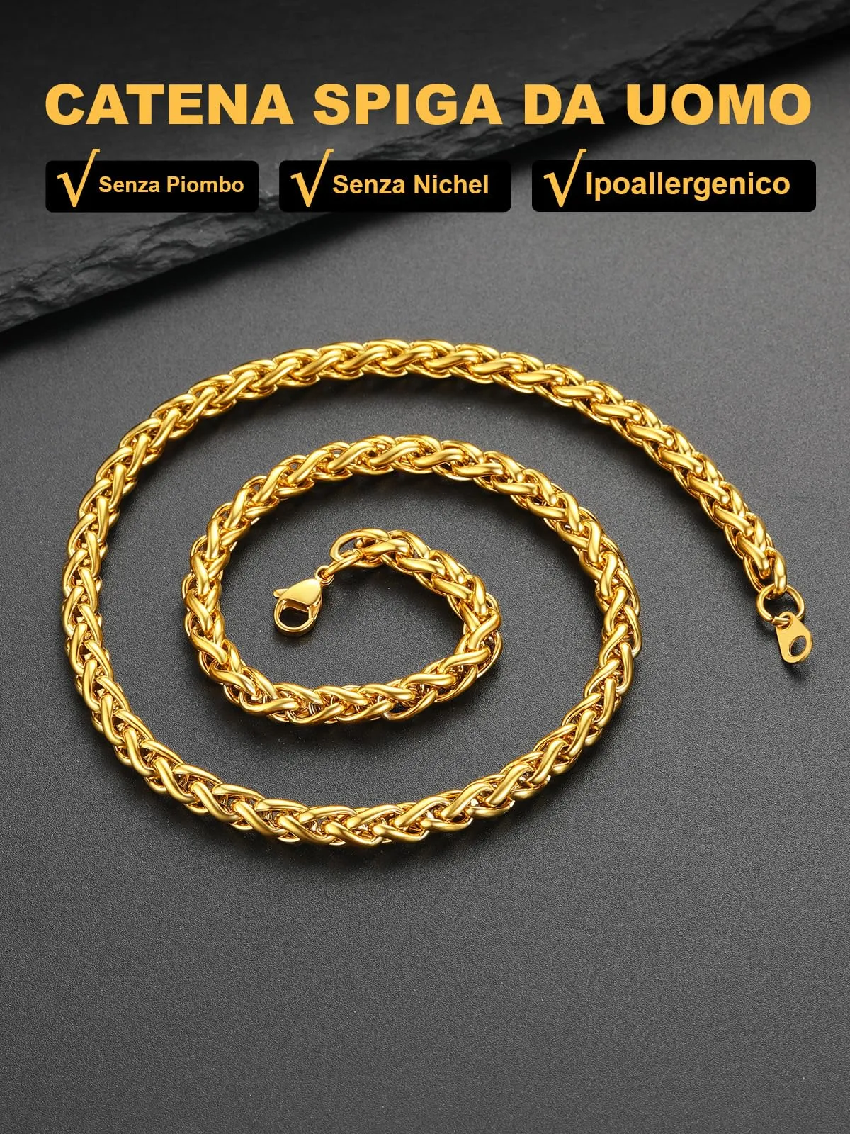 U7 Collana Uomo Catena a Spiga in Acciaio Inossidabile Oro, 6mm x 66cm - immagine 4