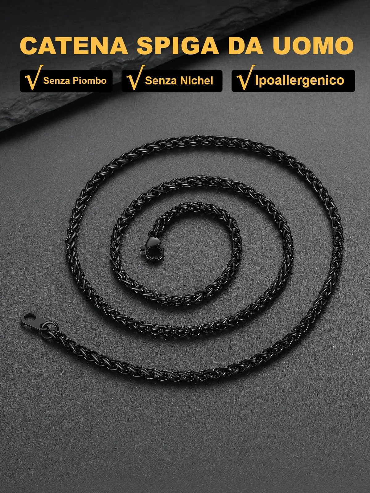 U7 Collana Uomo in Acciaio Inossidabile, Catena Spiga Nera, 3mm x 55cm - immagine 4