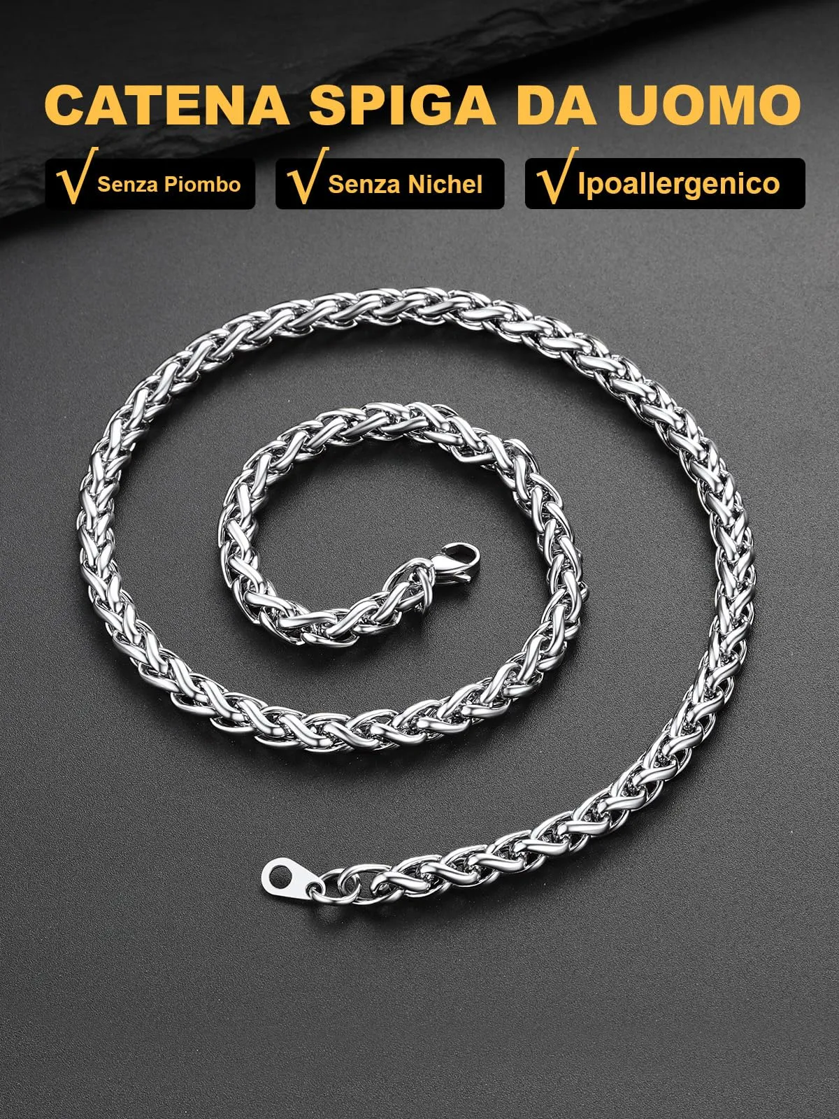 U7 Collana Uomo Catena Spiga in Acciaio Inossidabile 6mm x 71cm - immagine 3