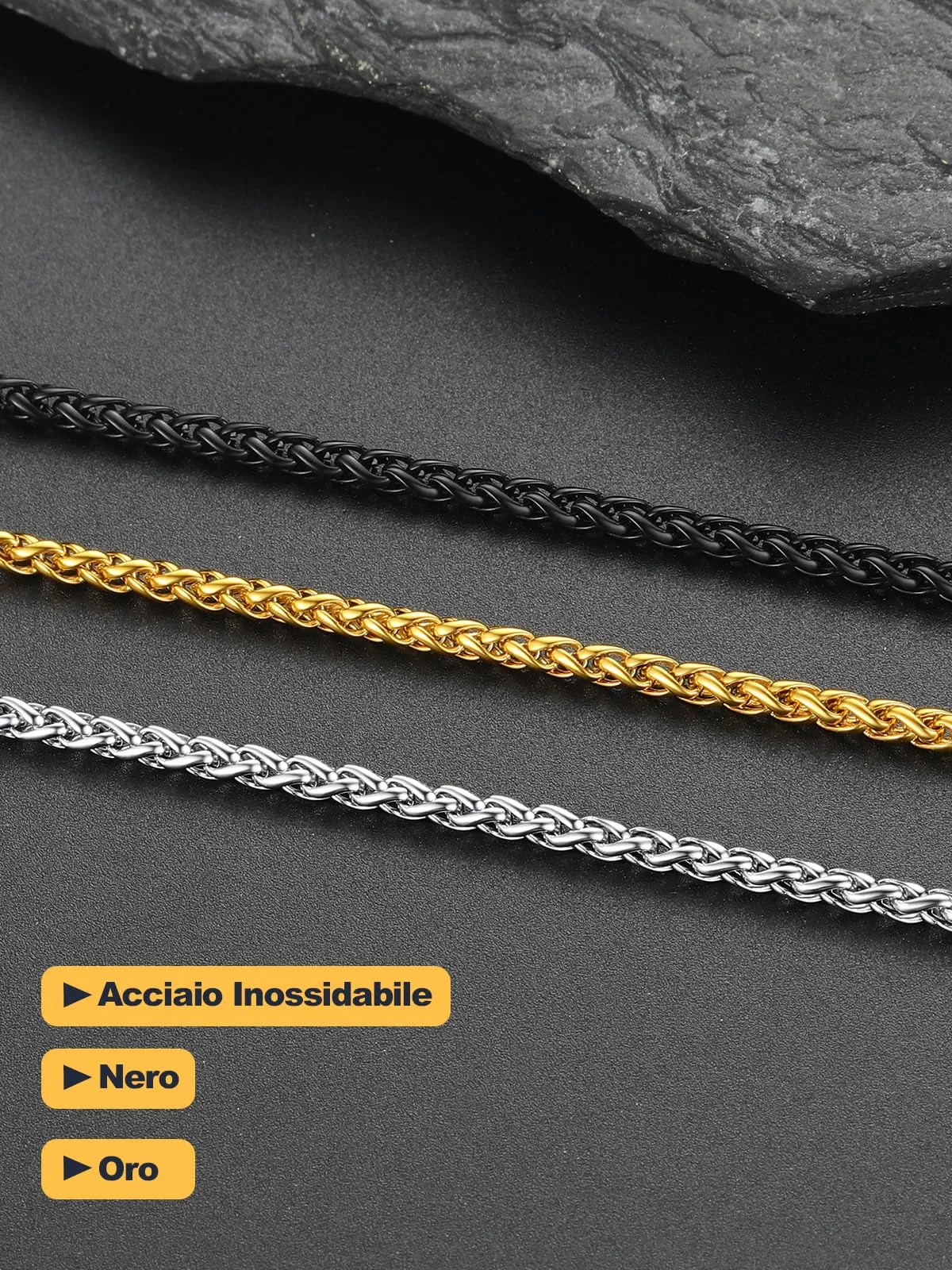 U7 Collana Uomo in Acciaio Inossidabile placcato Oro, Catena Spiga 3mm x 66cm - immagine 7