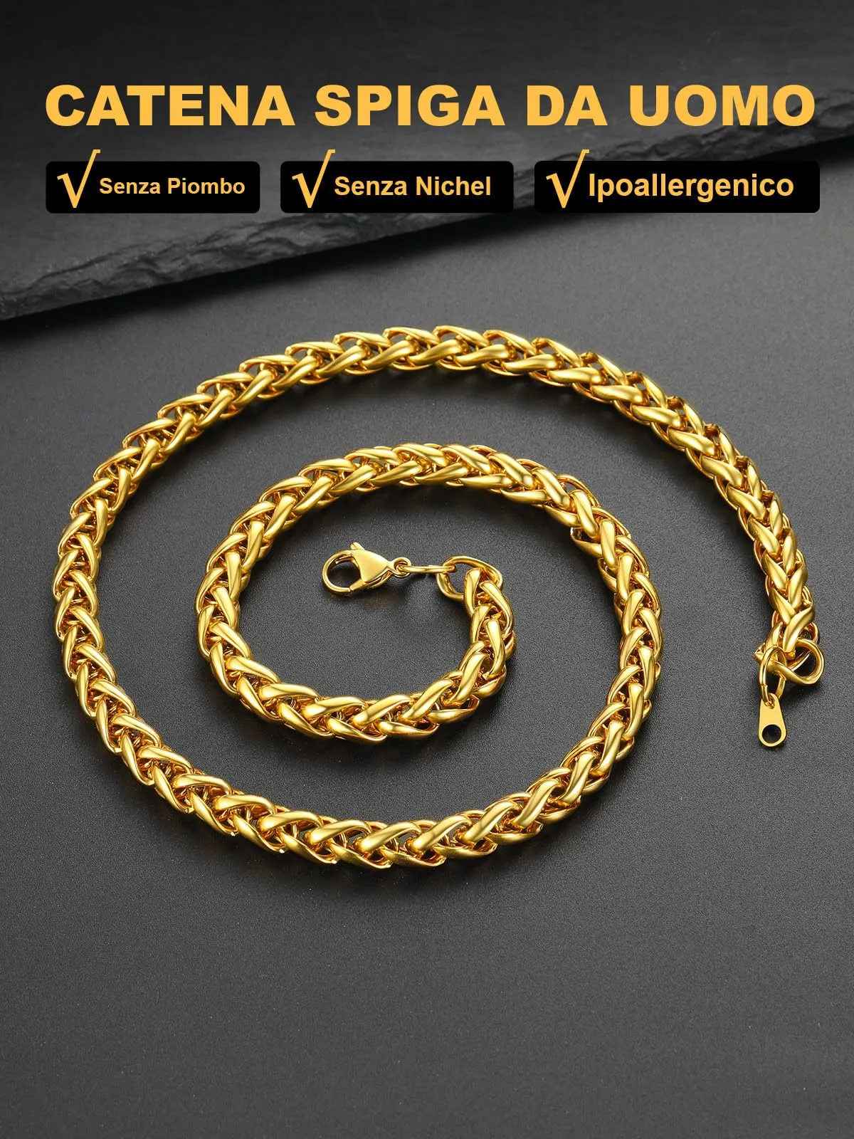 U7 Collana Uomo a Spiga in Acciaio Inossidabile Oro, 9mm x 46cm - immagine 4