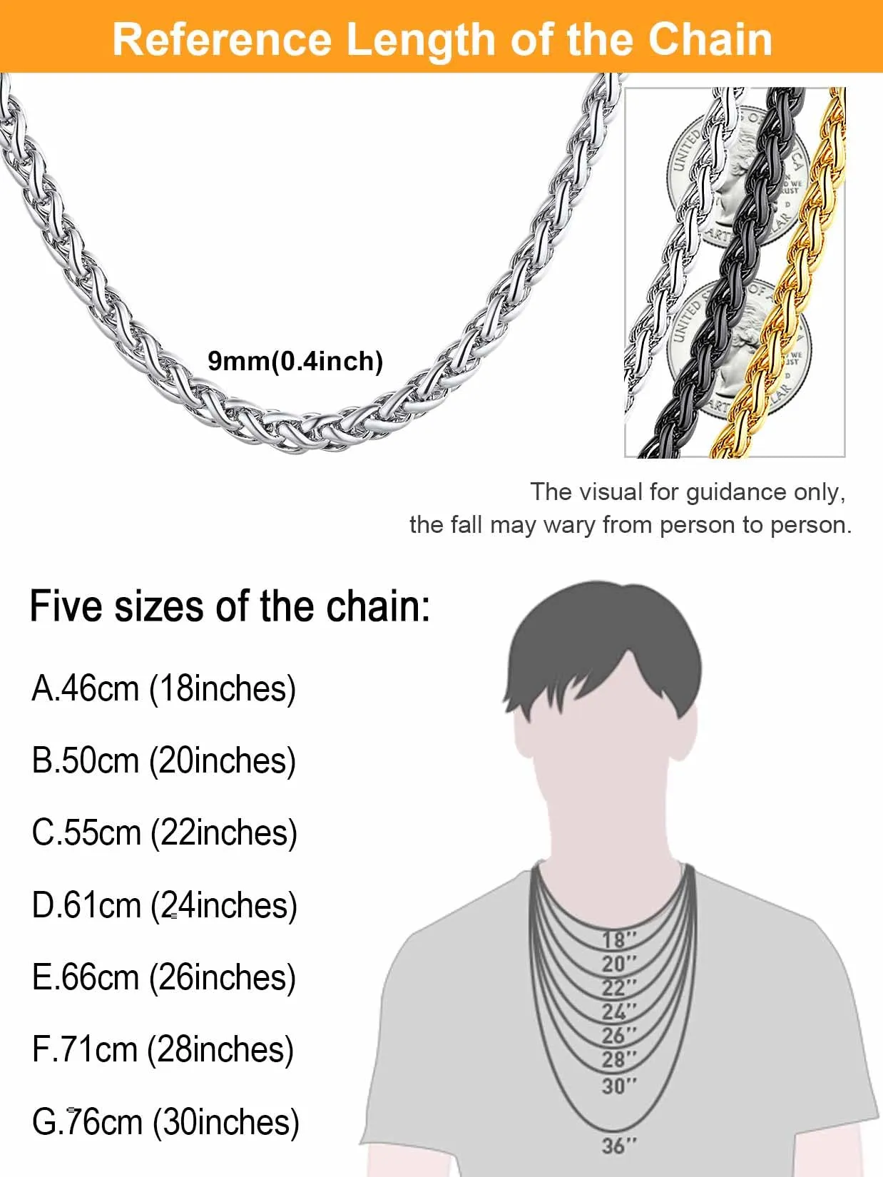 U7 Collana Uomo Catena a Grano in Acciaio Inossidabile 9 mm - 71 cm, Argento - immagine 6