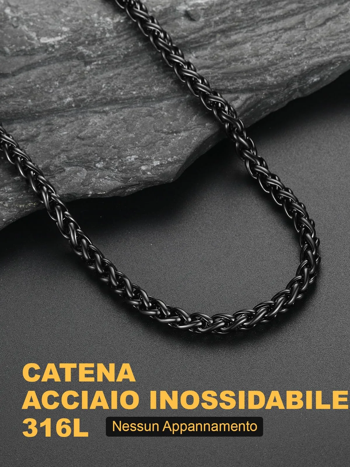 U7 Collana Uomo Catena Spiga in Acciaio Inossidabile Nera 6mm 46cm - immagine 5