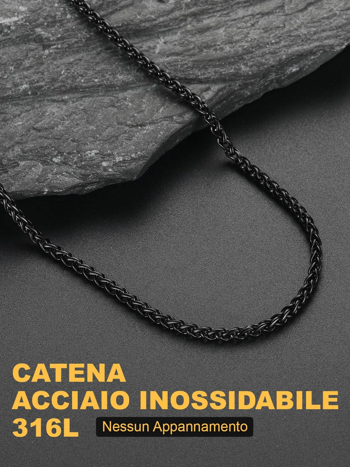 U7 Collana Uomo Catena Spiga in Acciaio Inossidabile Nera 3mm x 76cm - immagine 5